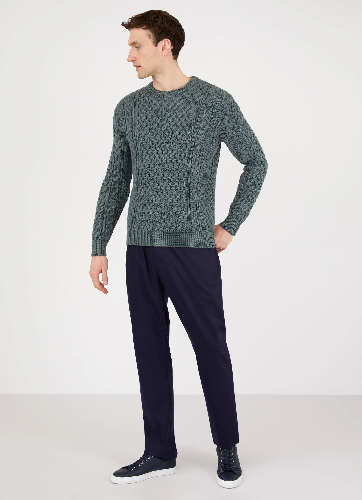 Men's Merino Cable Jumper in Dove Grey - Image 3