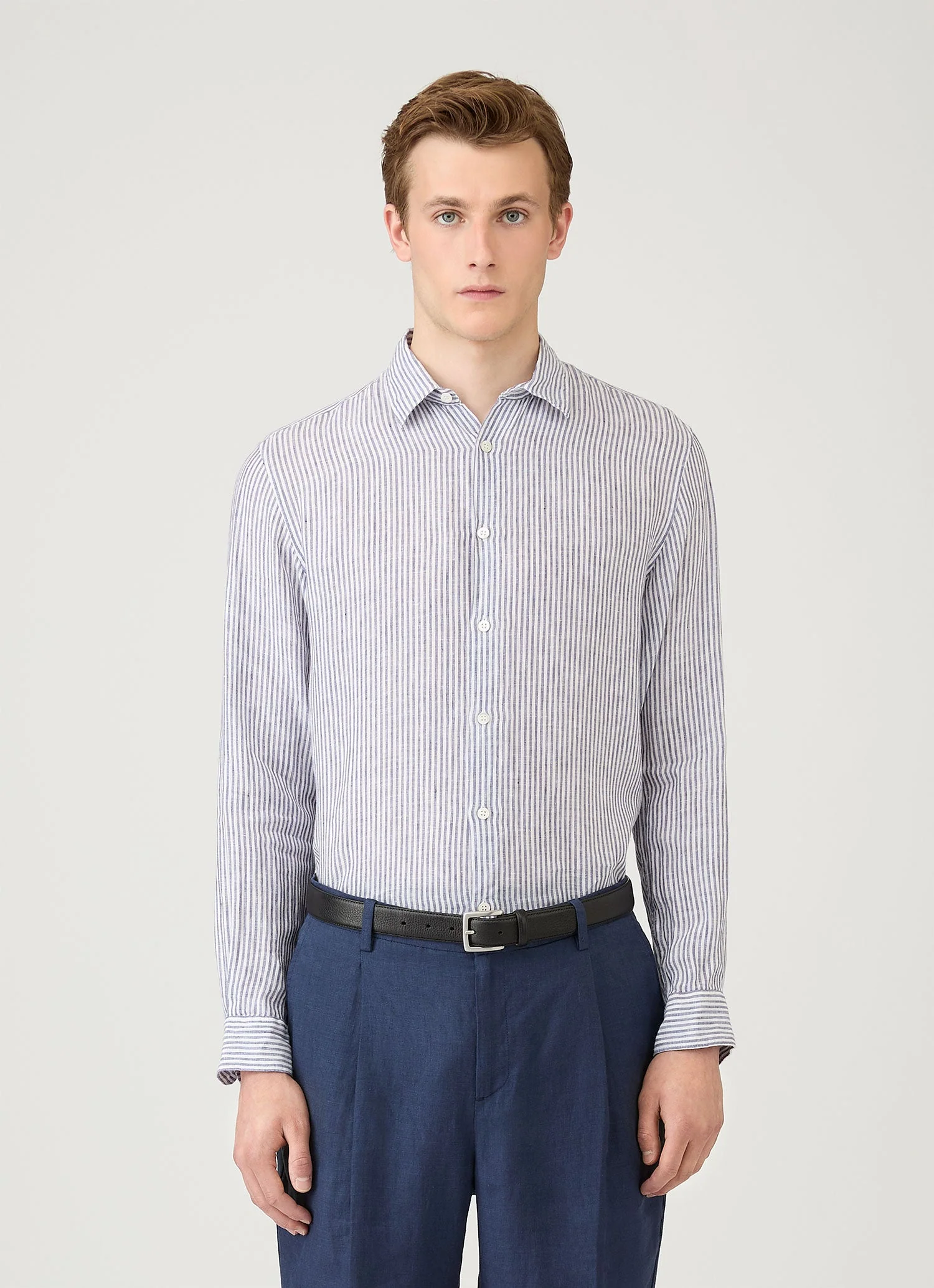Men's Linen Shirt in Navy/White Linen - Image 2