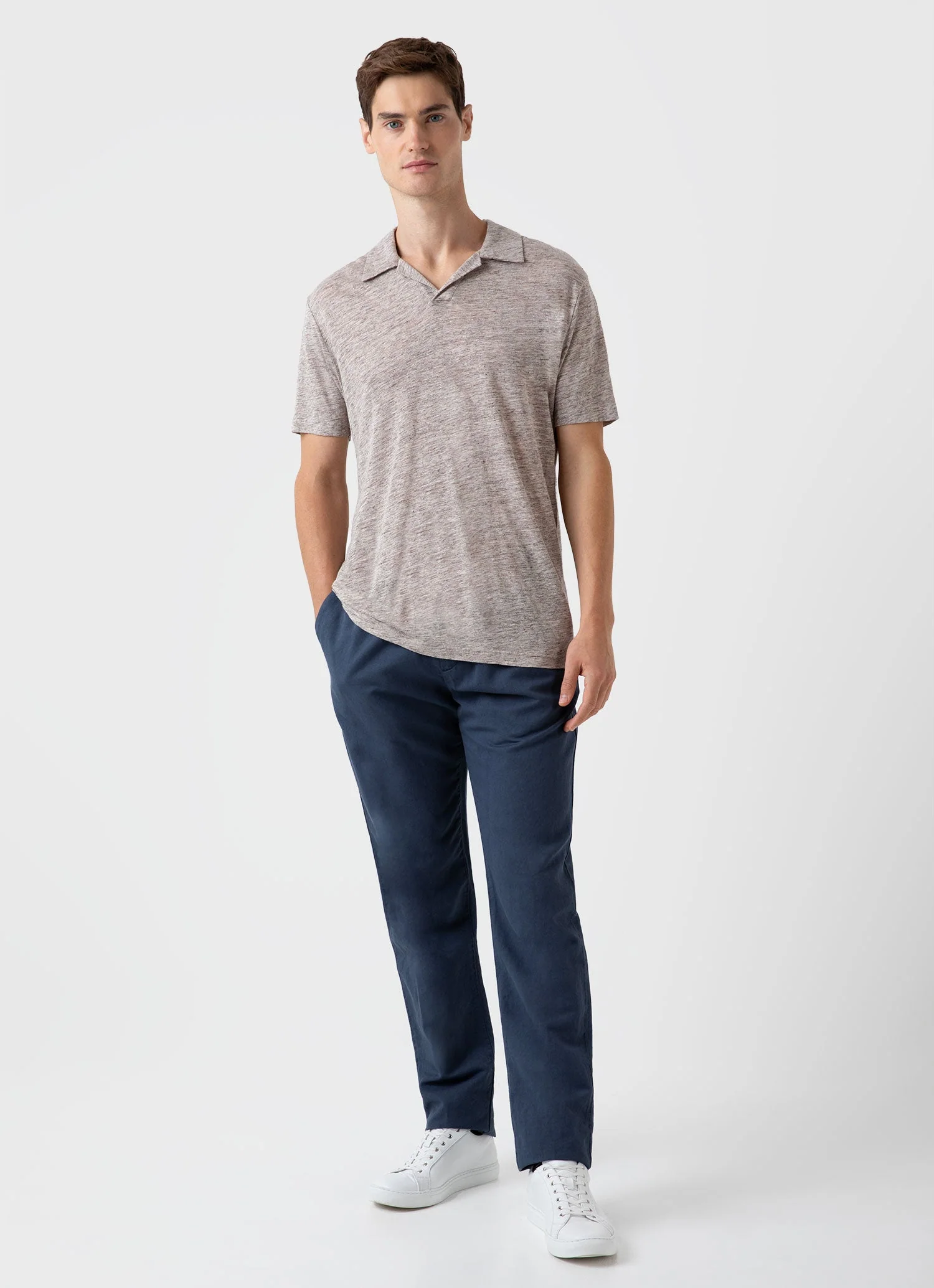 Men's Linen Polo Shirt in Oatmeal Melange - Image 3