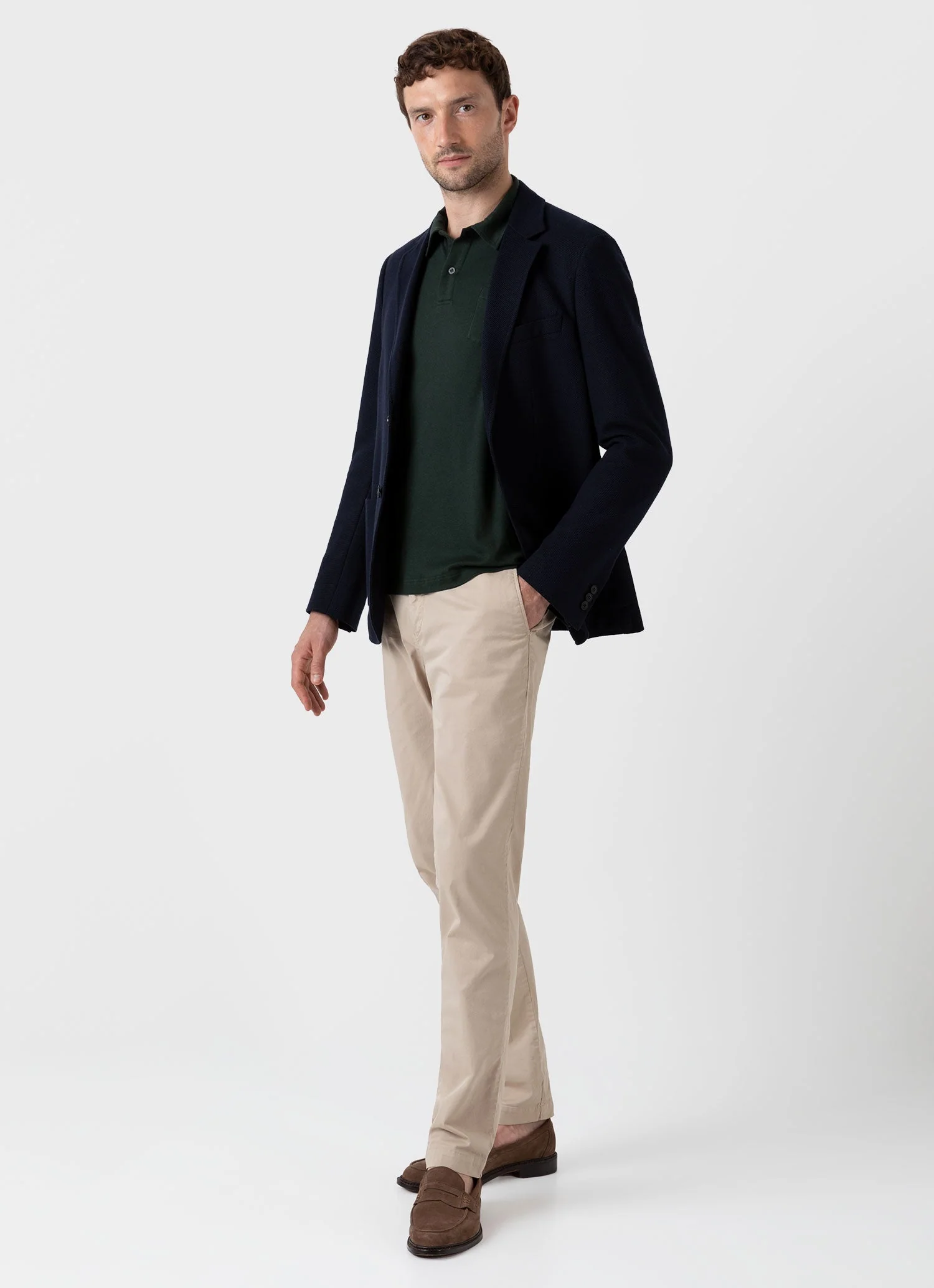 Men's Sea Island Cotton Jersey Polo Shirt in Seaweed - Image 3