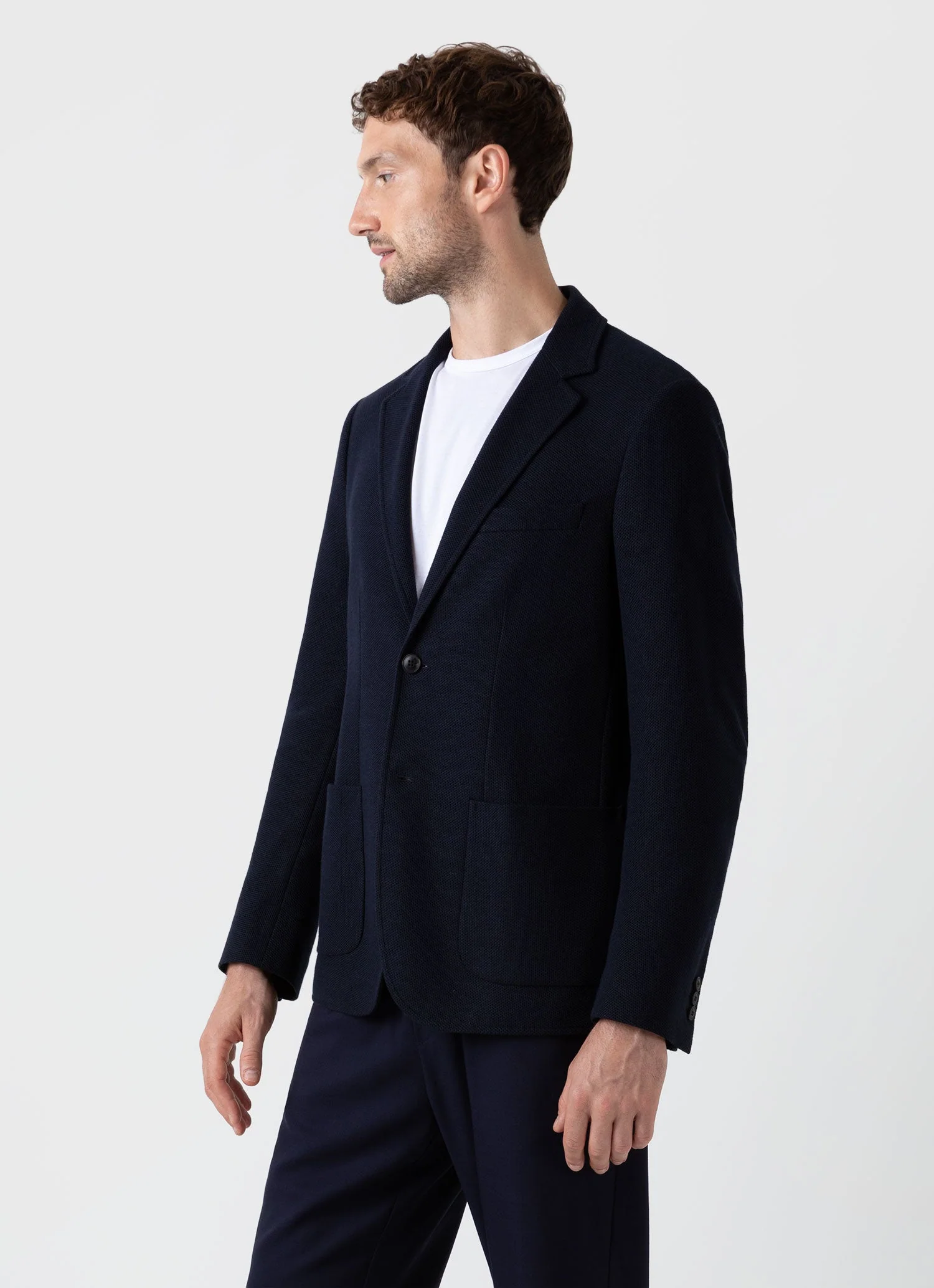 Men's Piqué Unstructured Blazer in Navy - Image 2