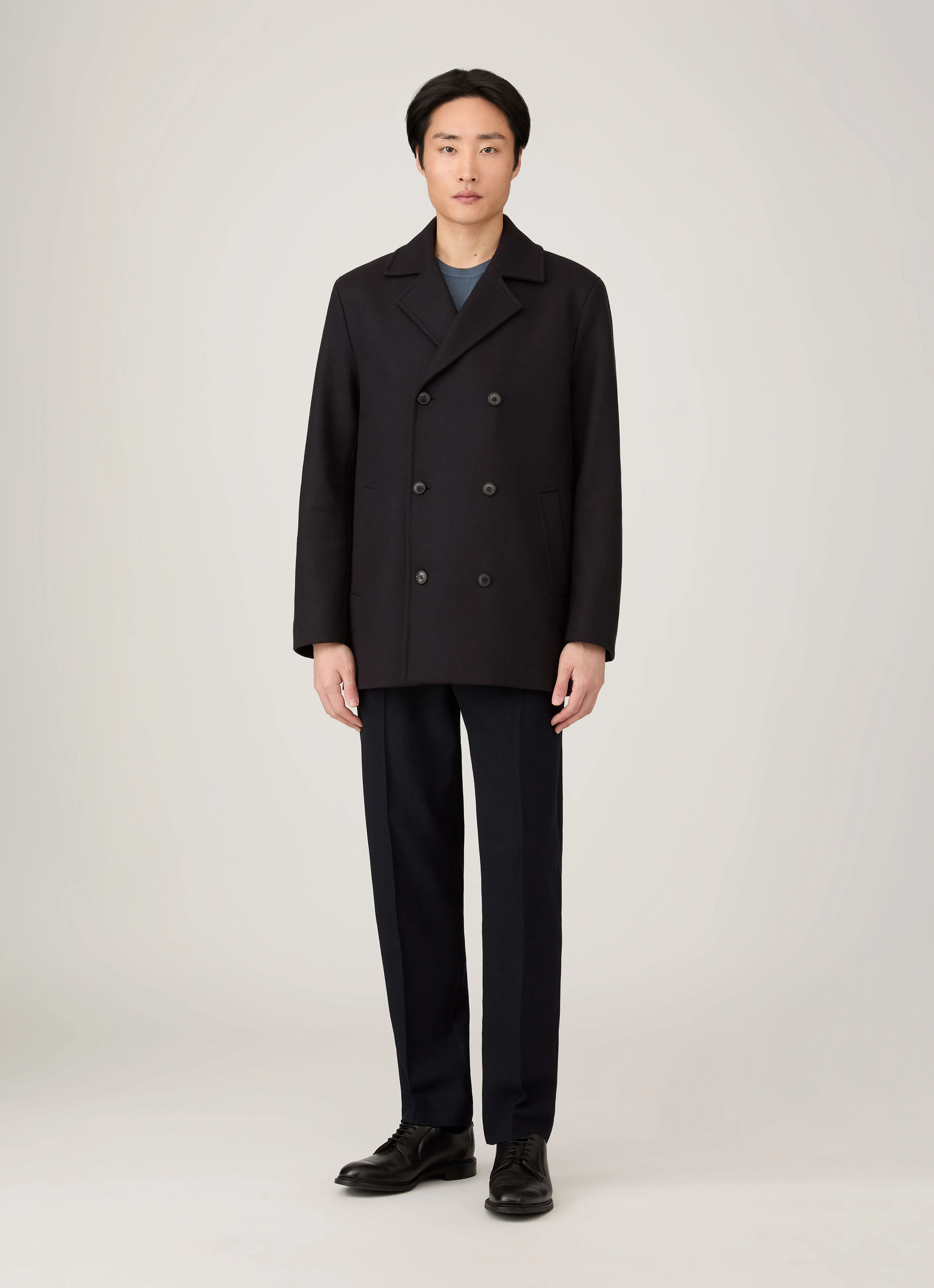 Men's Boiled Wool Pea Coat in Navy - Image 2