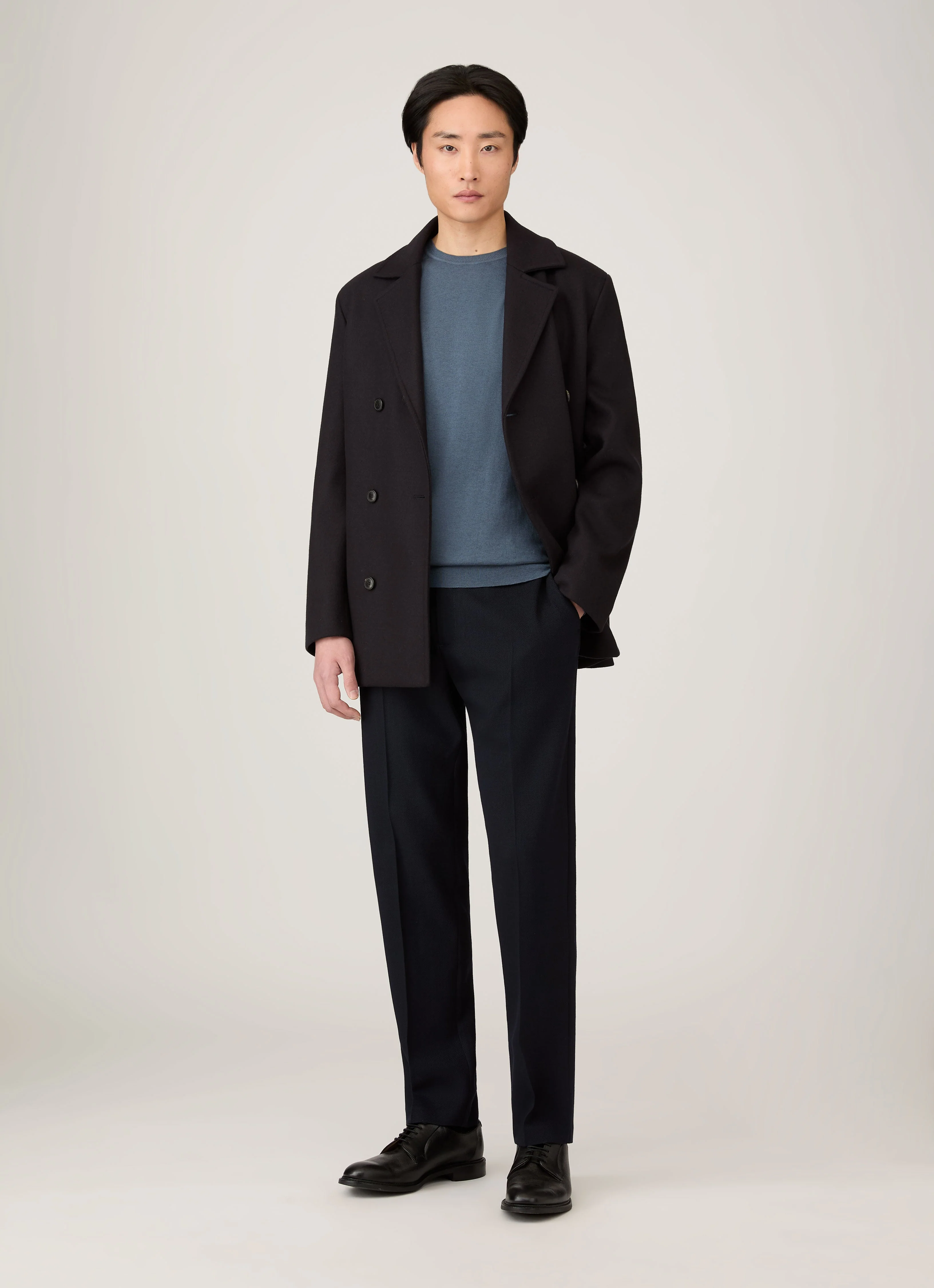Men's Boiled Wool Pea Coat in Navy - Image 3