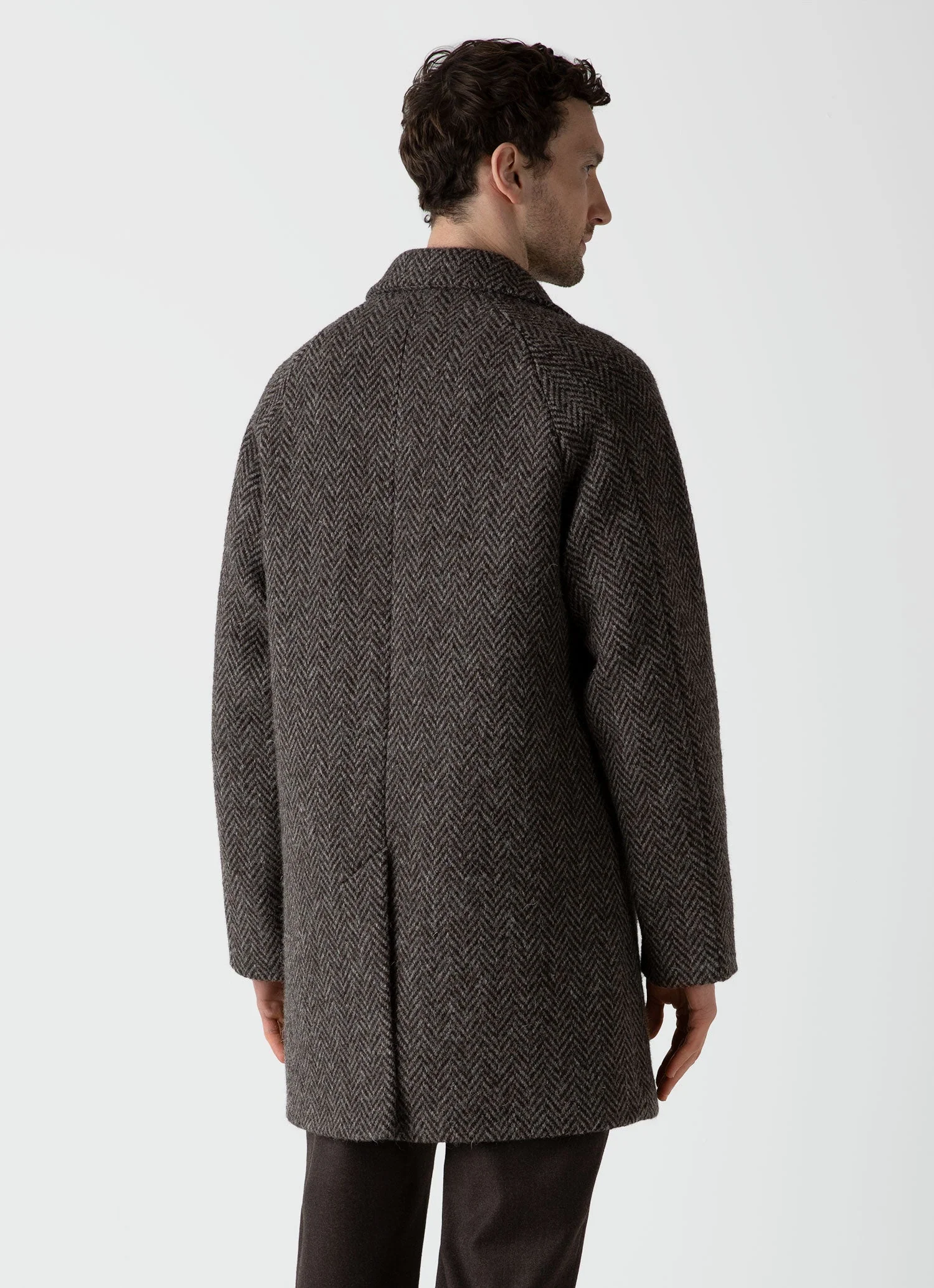 Men's British Wool Car Coat in Brown Herringbone - Image 5