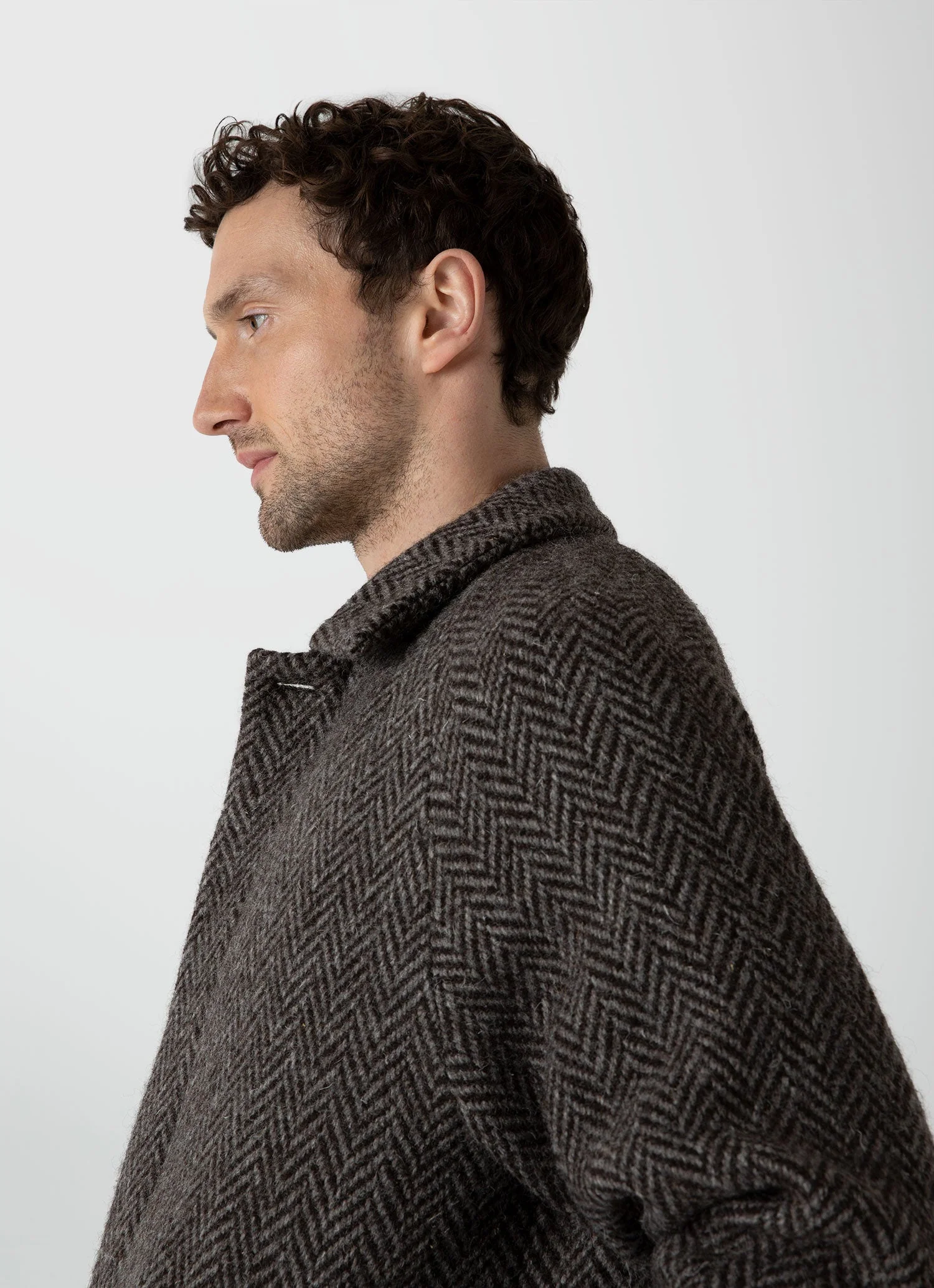 Men's British Wool Car Coat in Brown Herringbone - Image 6