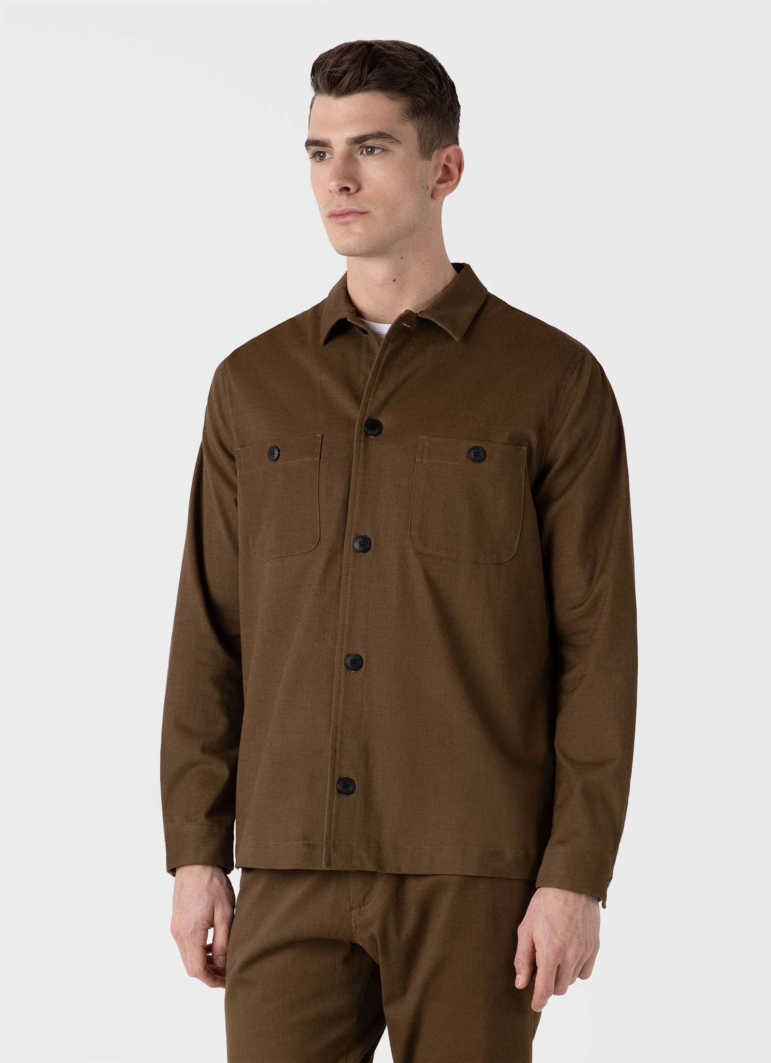 Men's Brushed Cotton Wool Overshirt in Dark Stone - Image 2