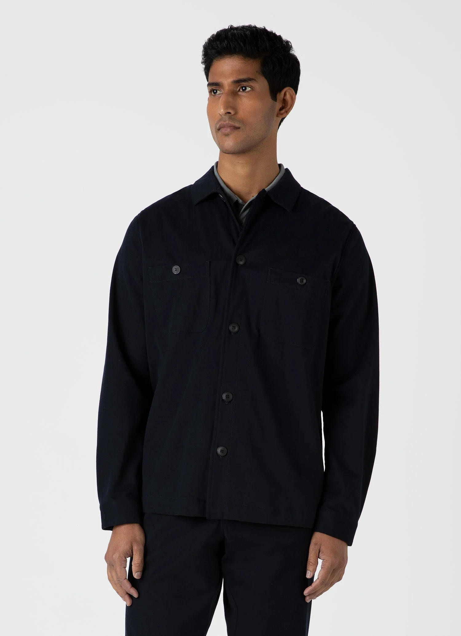 Men's Brushed Cotton Wool Overshirt in Navy - Image 2