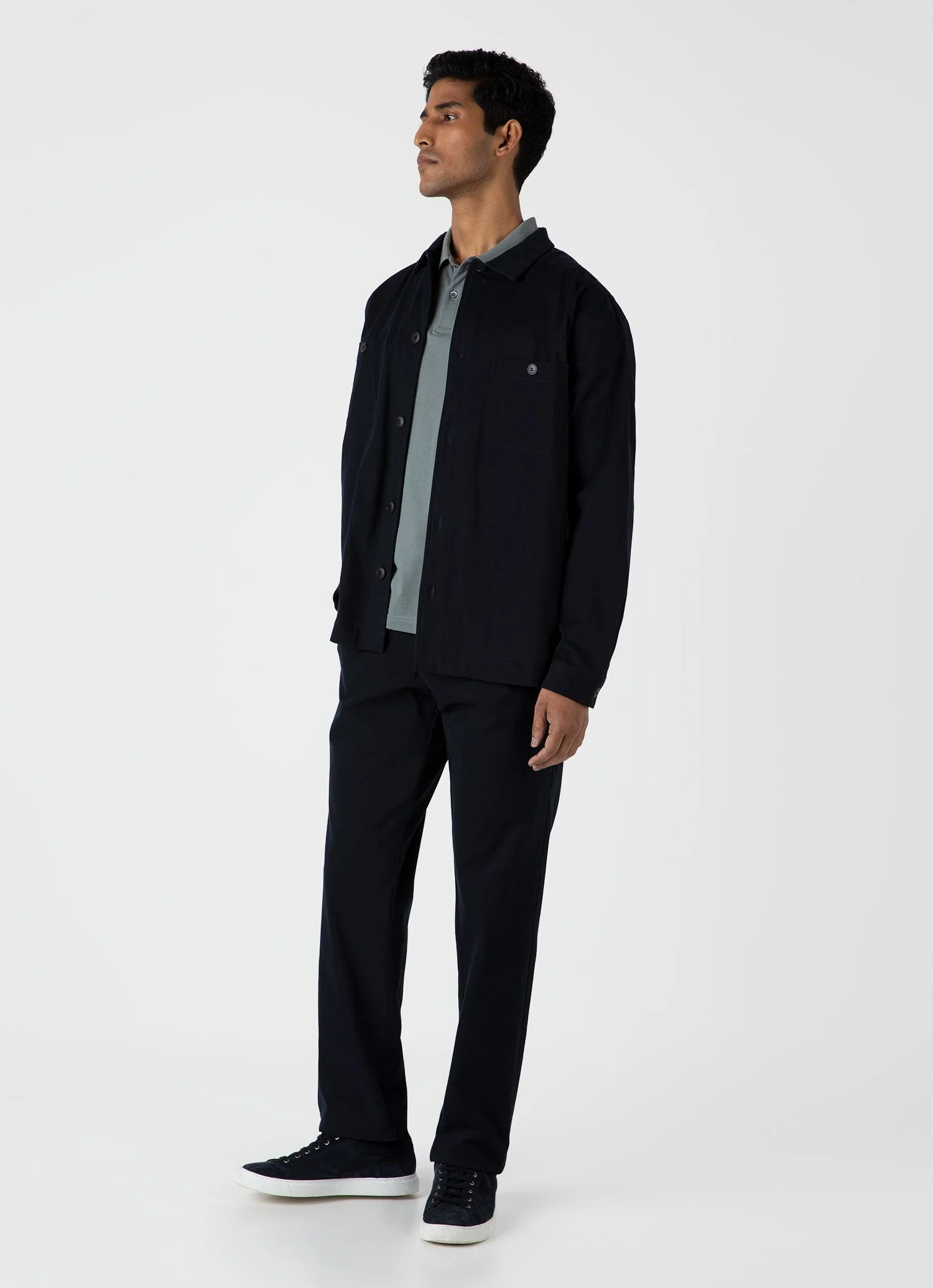 Men's Brushed Cotton Wool Overshirt in Navy - Image 3