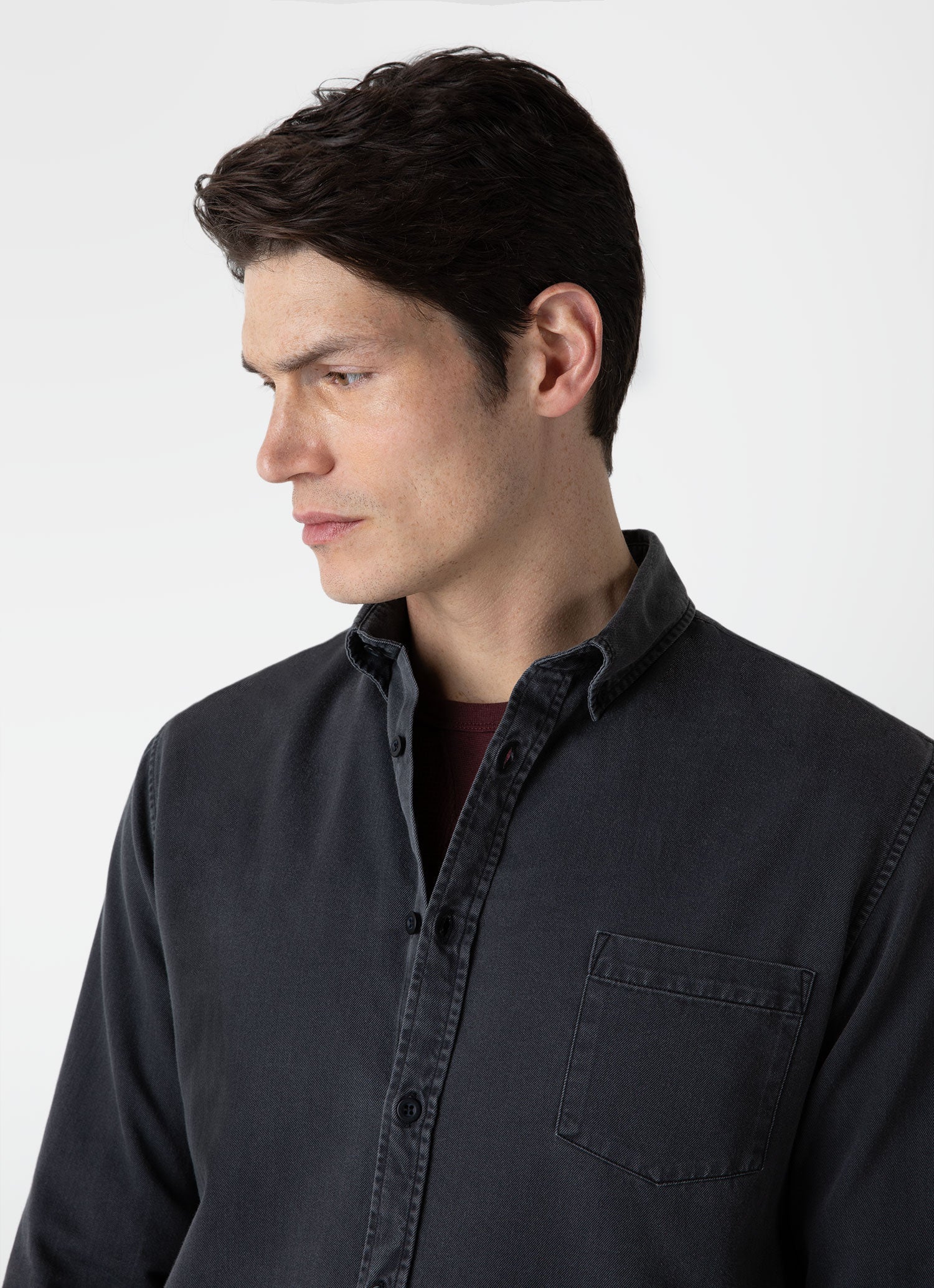 Men's Button Down Denim Shirt in Black Denim Wash - Image 6