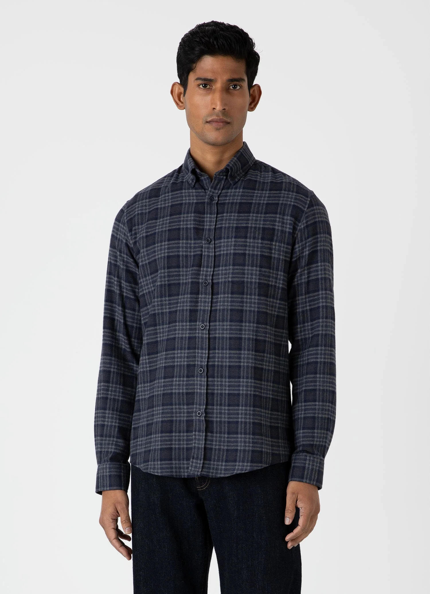 Men's Button Down Flannel Shirt in Navy Check - Image 2
