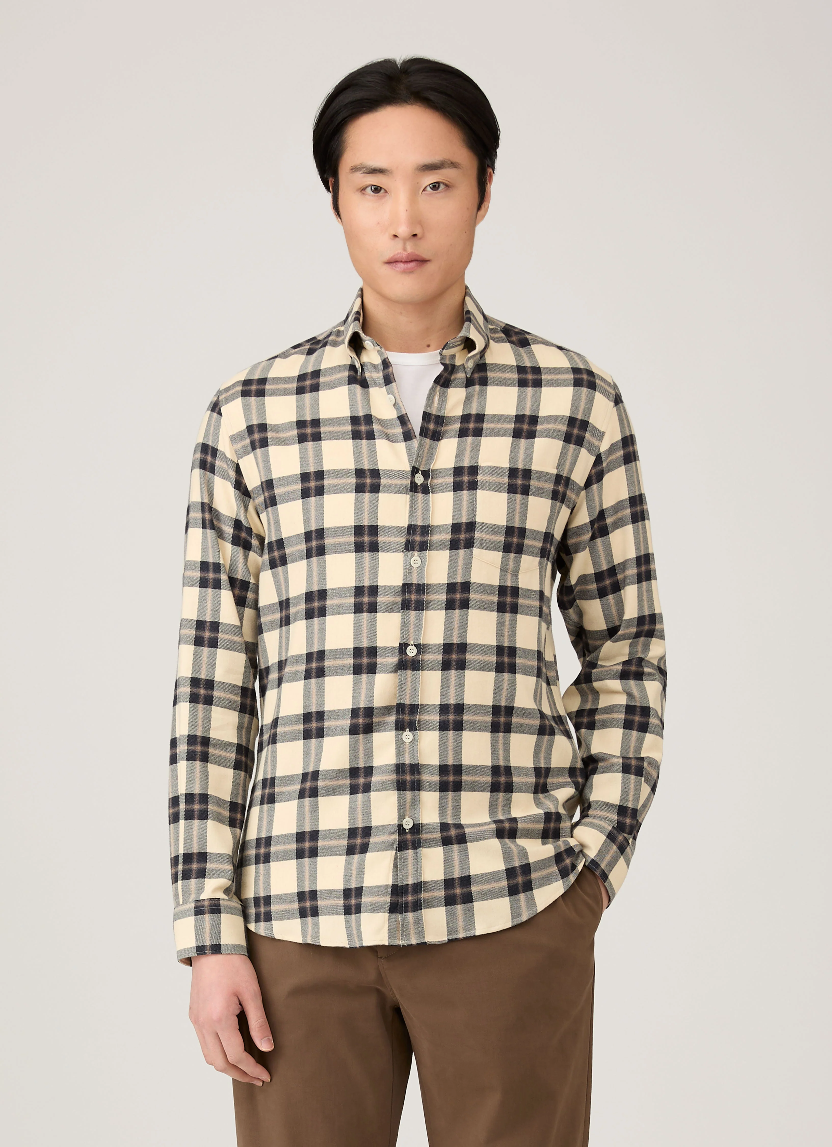 Men's Button Down Flannel Shirt in Truffle Check - Image 2