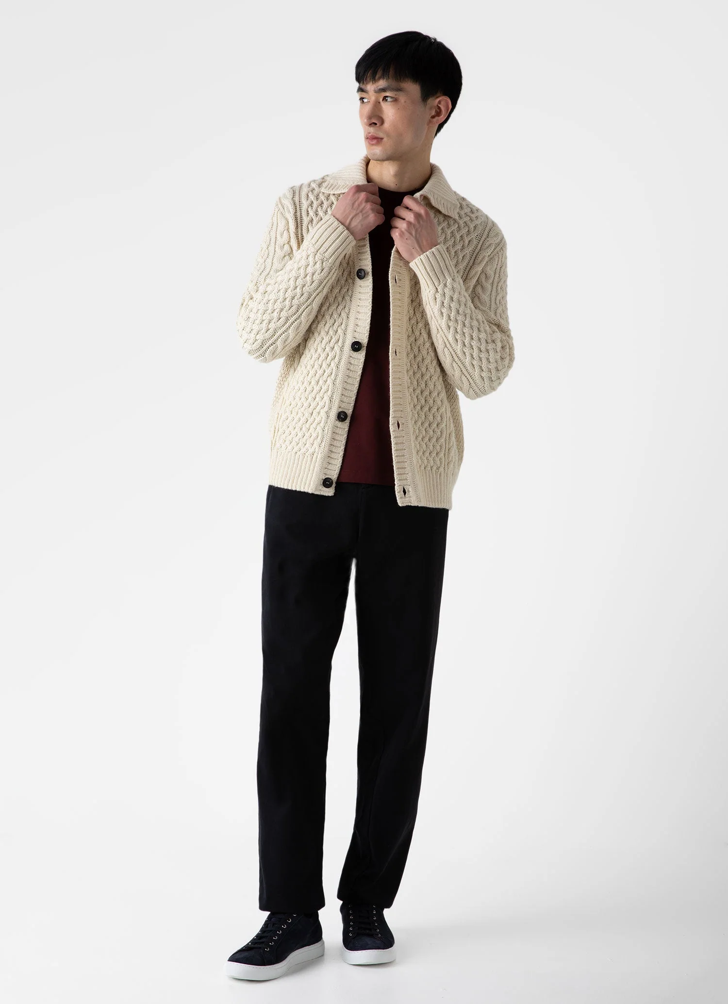Men's Cable Knit Cardigan Jacket in Ecru - Image 3