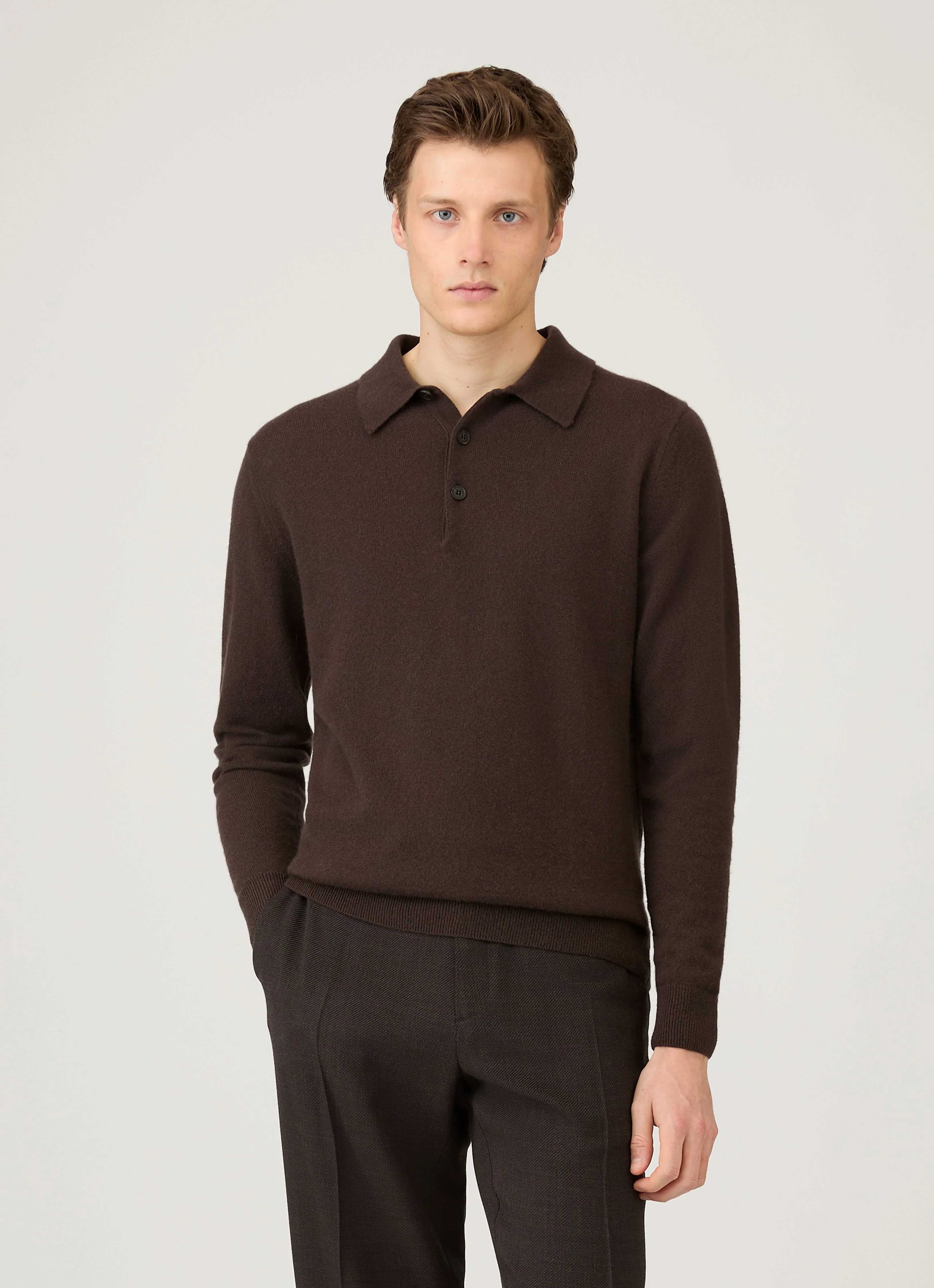 Men's Cashmere Knitted Polo Shirt in Truffle - Image 2