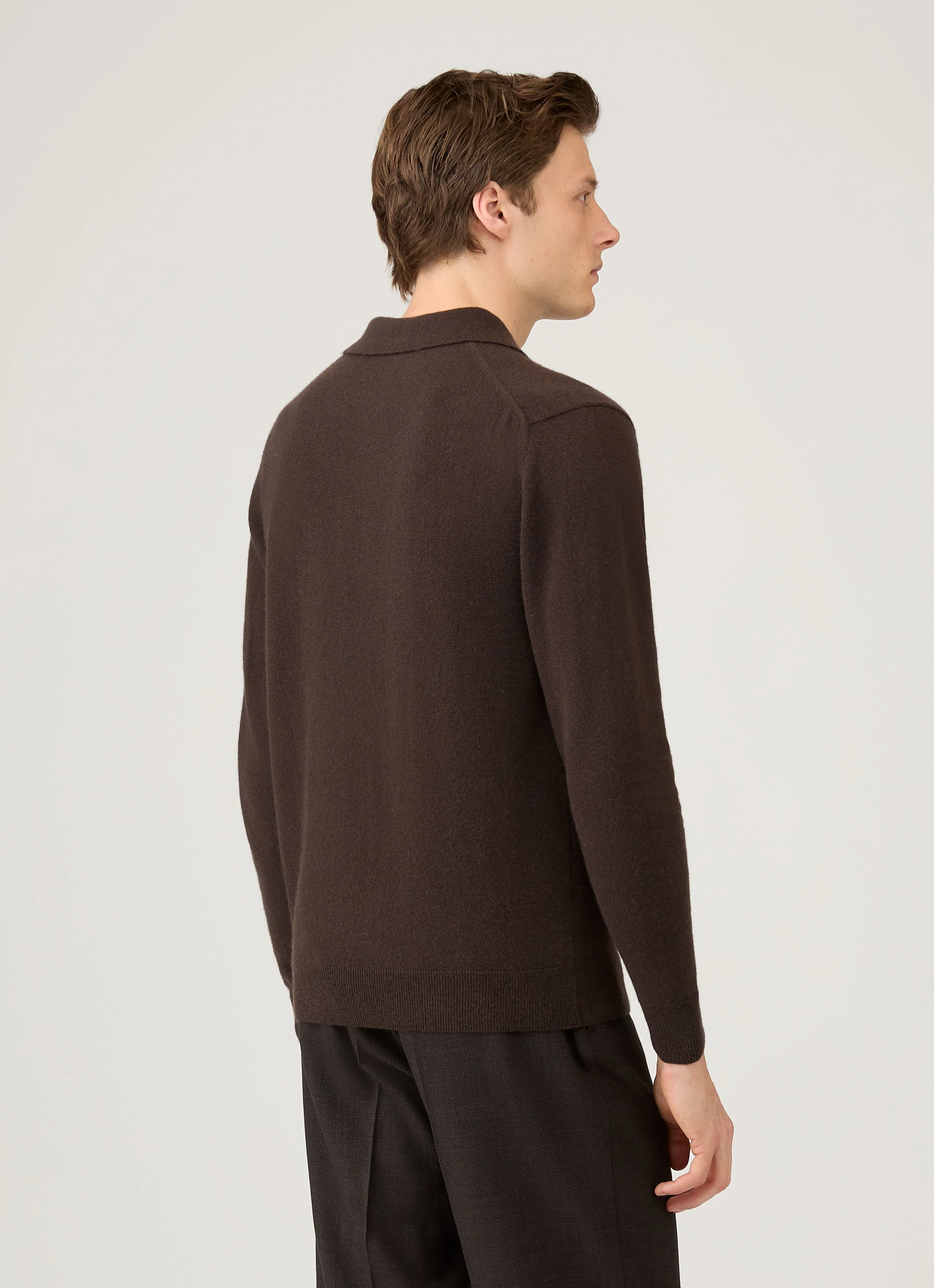 Men's Cashmere Knitted Polo Shirt in Truffle - Image 5