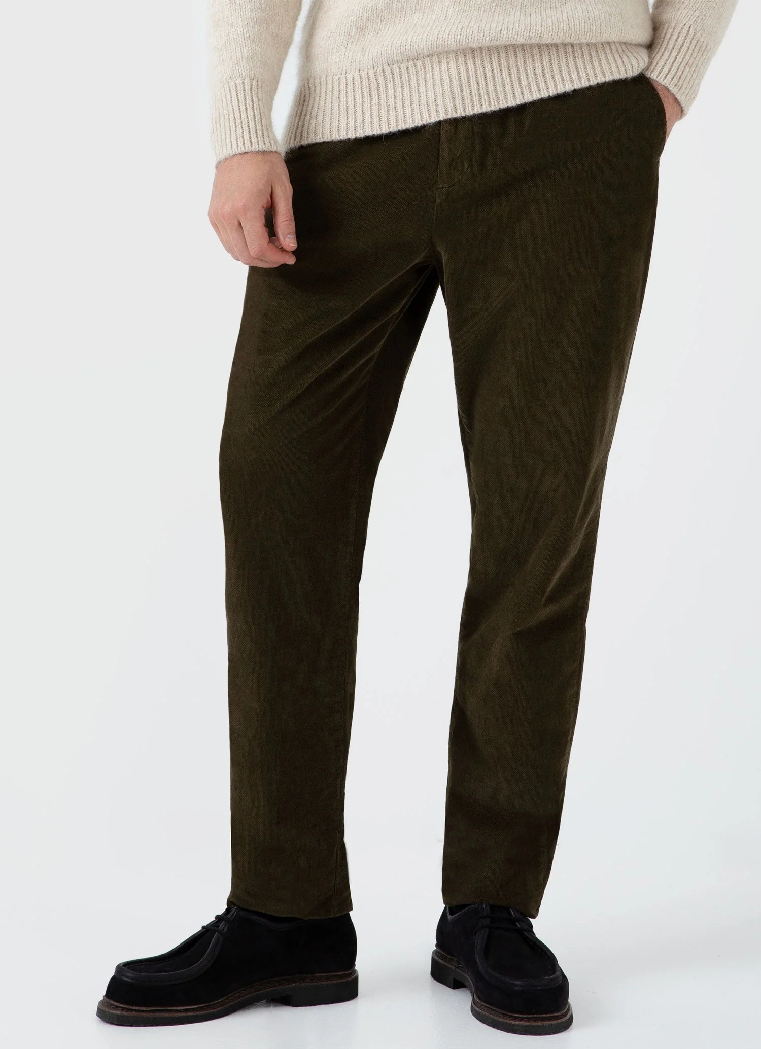 Men's Cellular Cord Drawstring Trouser in Dark Olive - Image 3