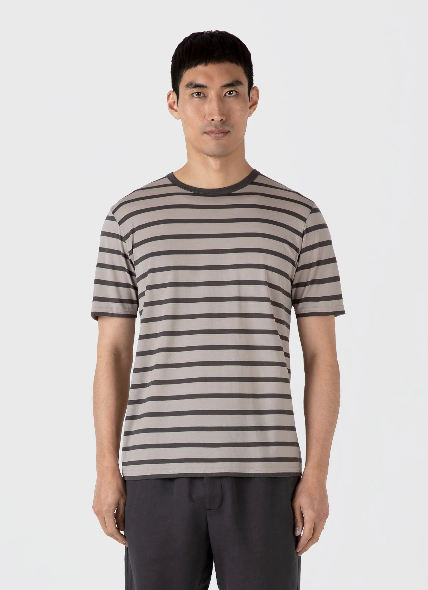 Men's Classic T-shirt in Ash Grey/Charcoal Breton Stripe - Image 2