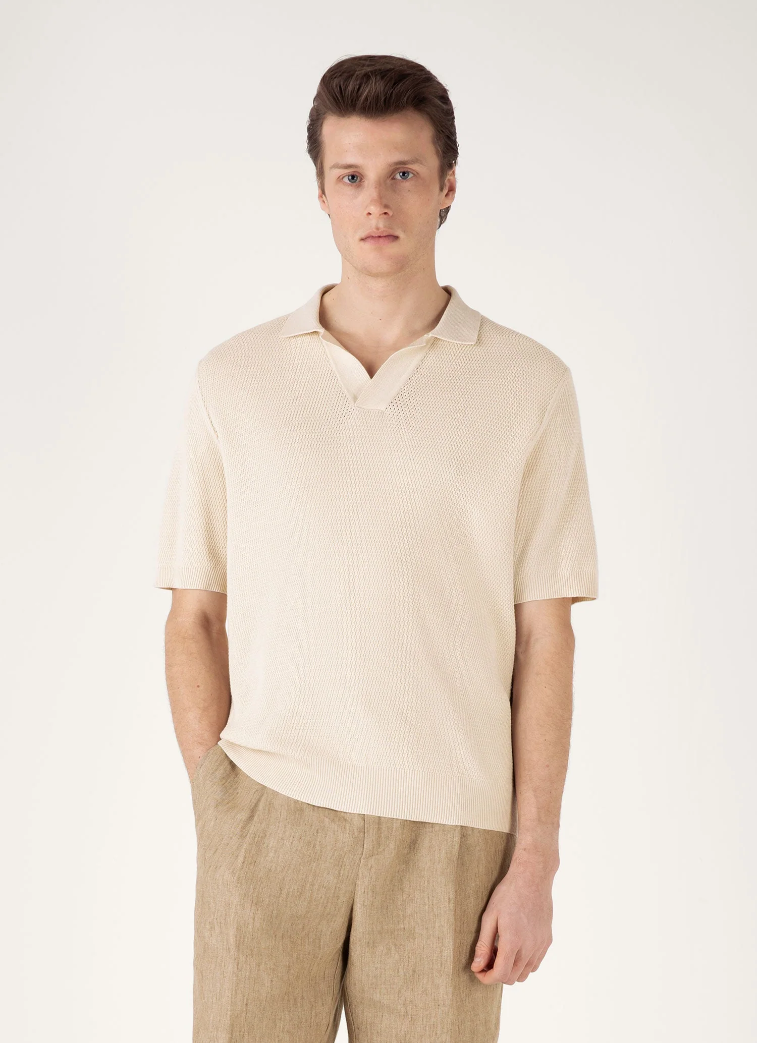 Men's Compact Mesh Knit Polo Shirt in Ecru - Image 2