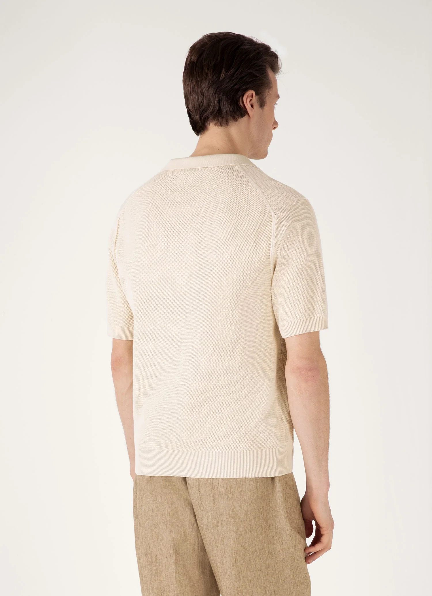 Men's Compact Mesh Knit Polo Shirt in Ecru - Image 5