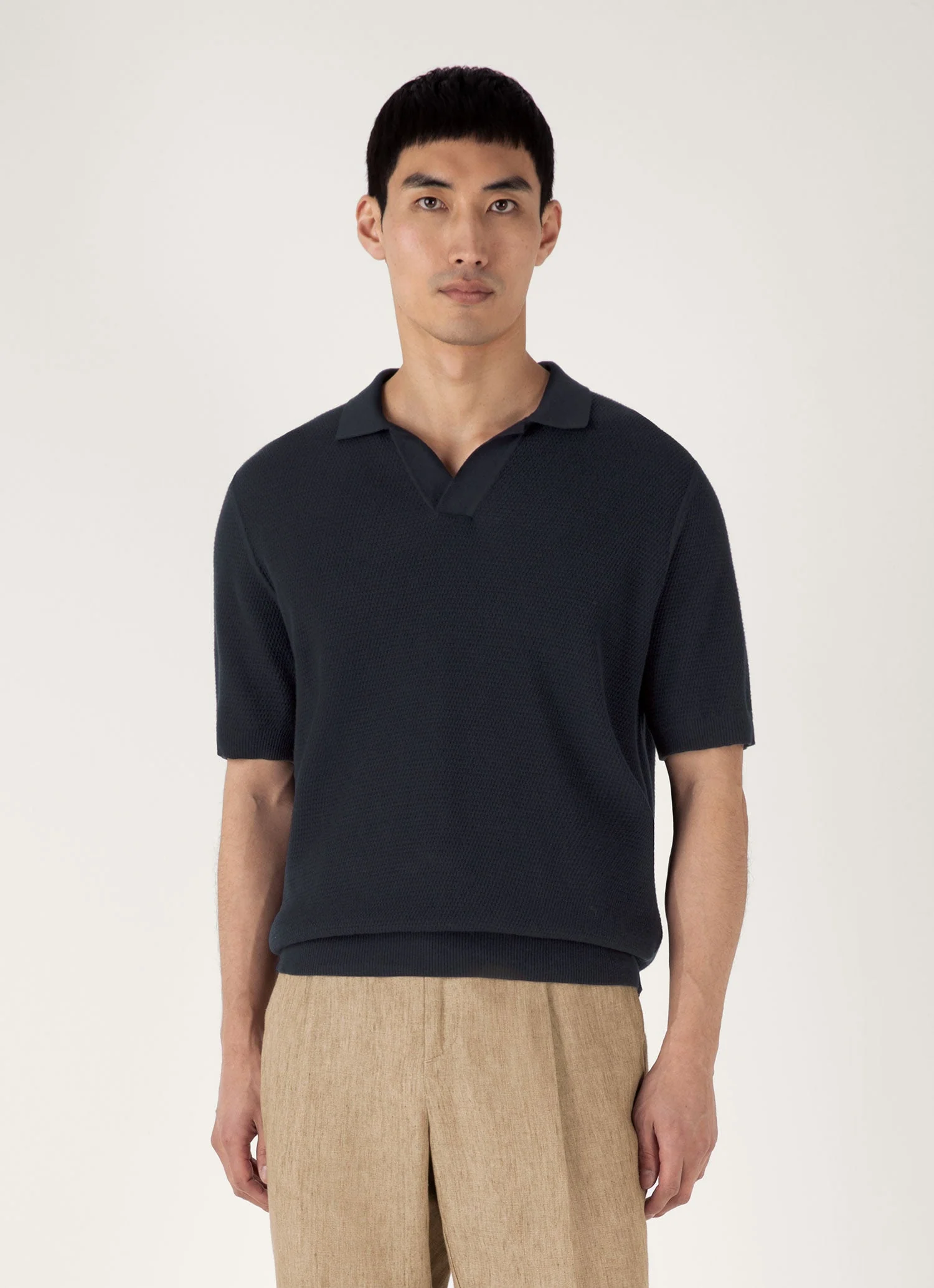 Men's Compact Mesh Knit Polo Shirt in Navy - Image 2