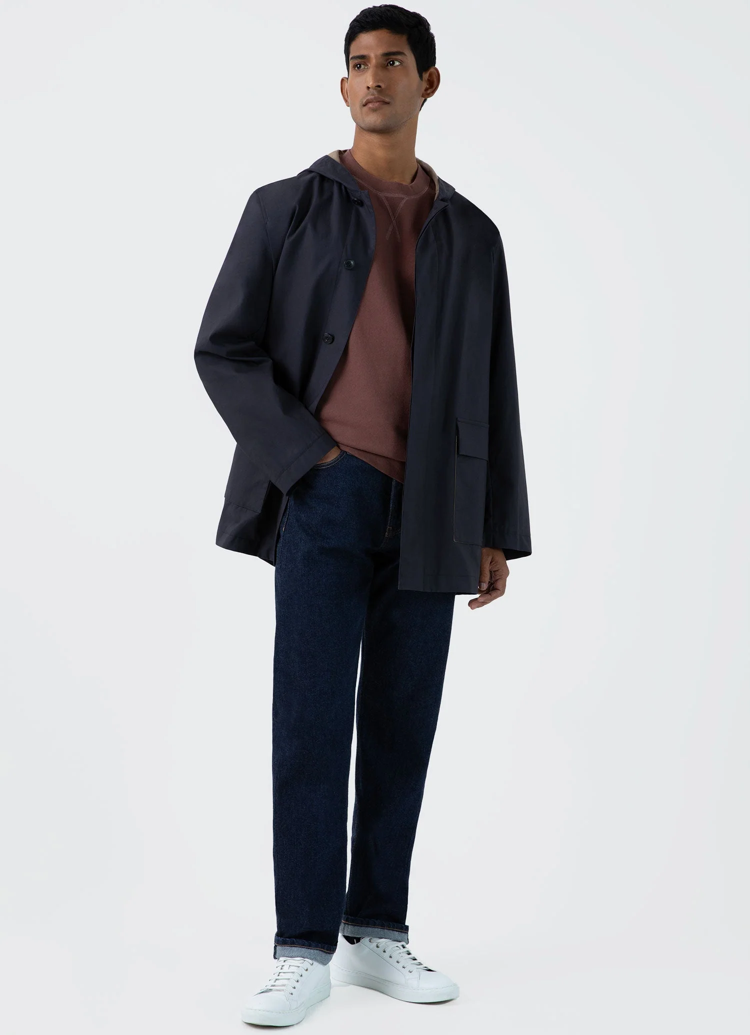 Men's Cotton Bonded Hooded Mac in Navy - Image 3