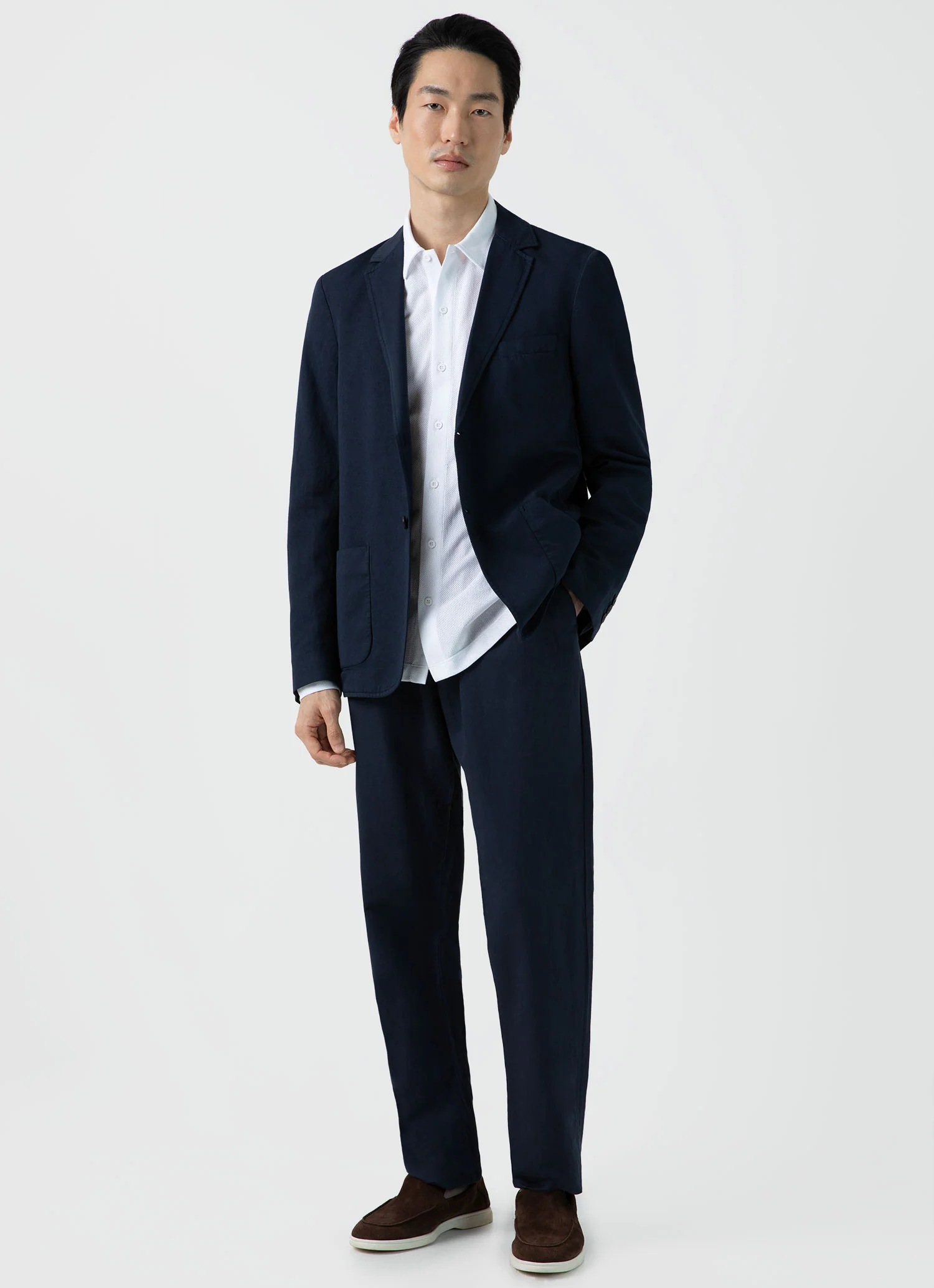 Men's Cotton Linen Unstructured Blazer in Navy - Image 3