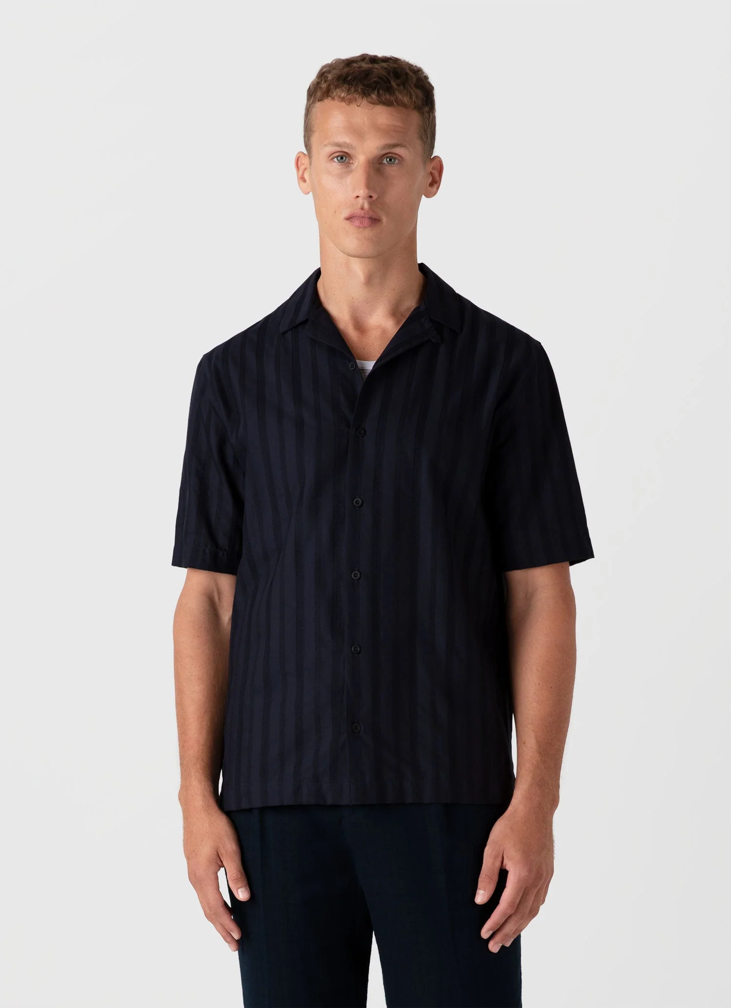 Men's Embroidered Stripe Camp Collar Shirt in Navy - Image 2