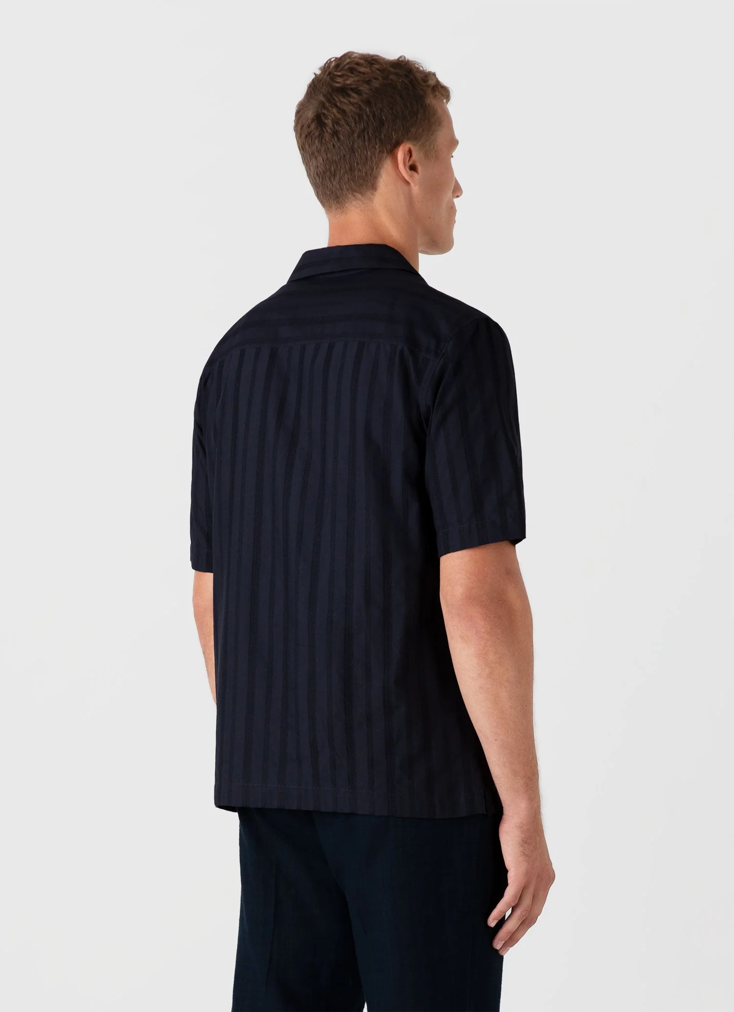 Men's Embroidered Stripe Camp Collar Shirt in Navy - Image 5