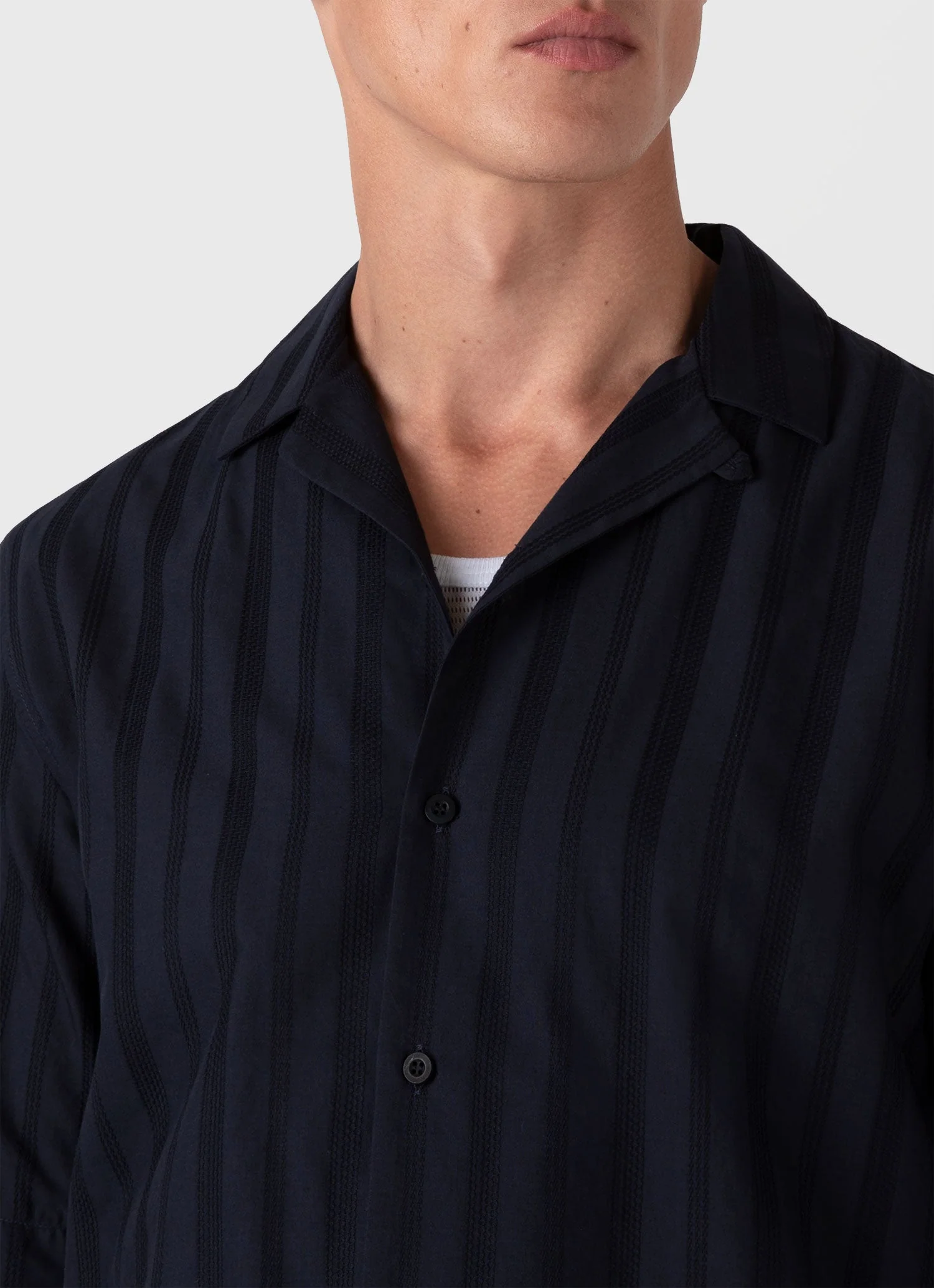 Men's Embroidered Stripe Camp Collar Shirt in Navy - Image 6