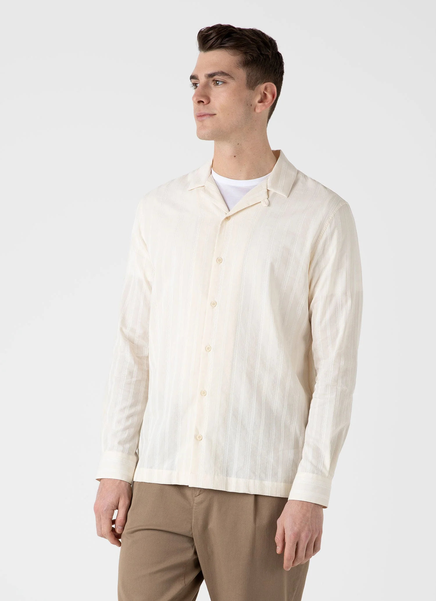 Men's Embroidered Stripe Long Sleeve Shirt in Ecru - Image 2