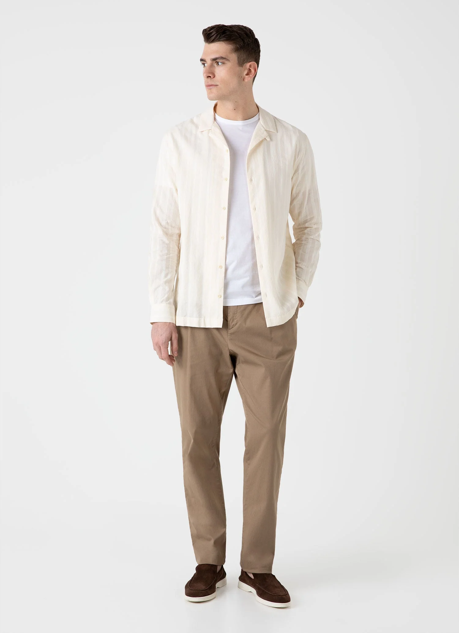 Men's Embroidered Stripe Long Sleeve Shirt in Ecru - Image 3