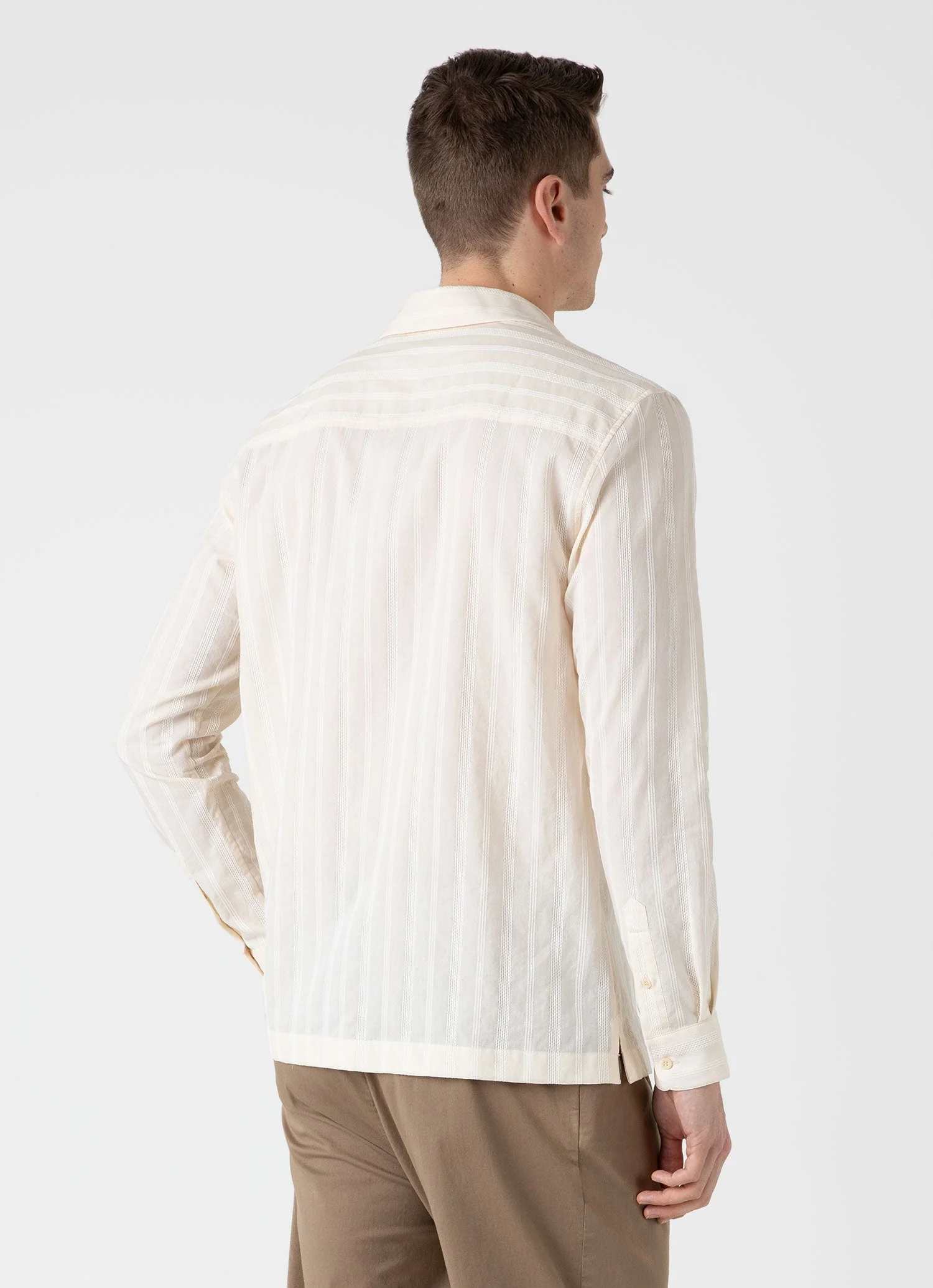 Men's Embroidered Stripe Long Sleeve Shirt in Ecru - Image 5