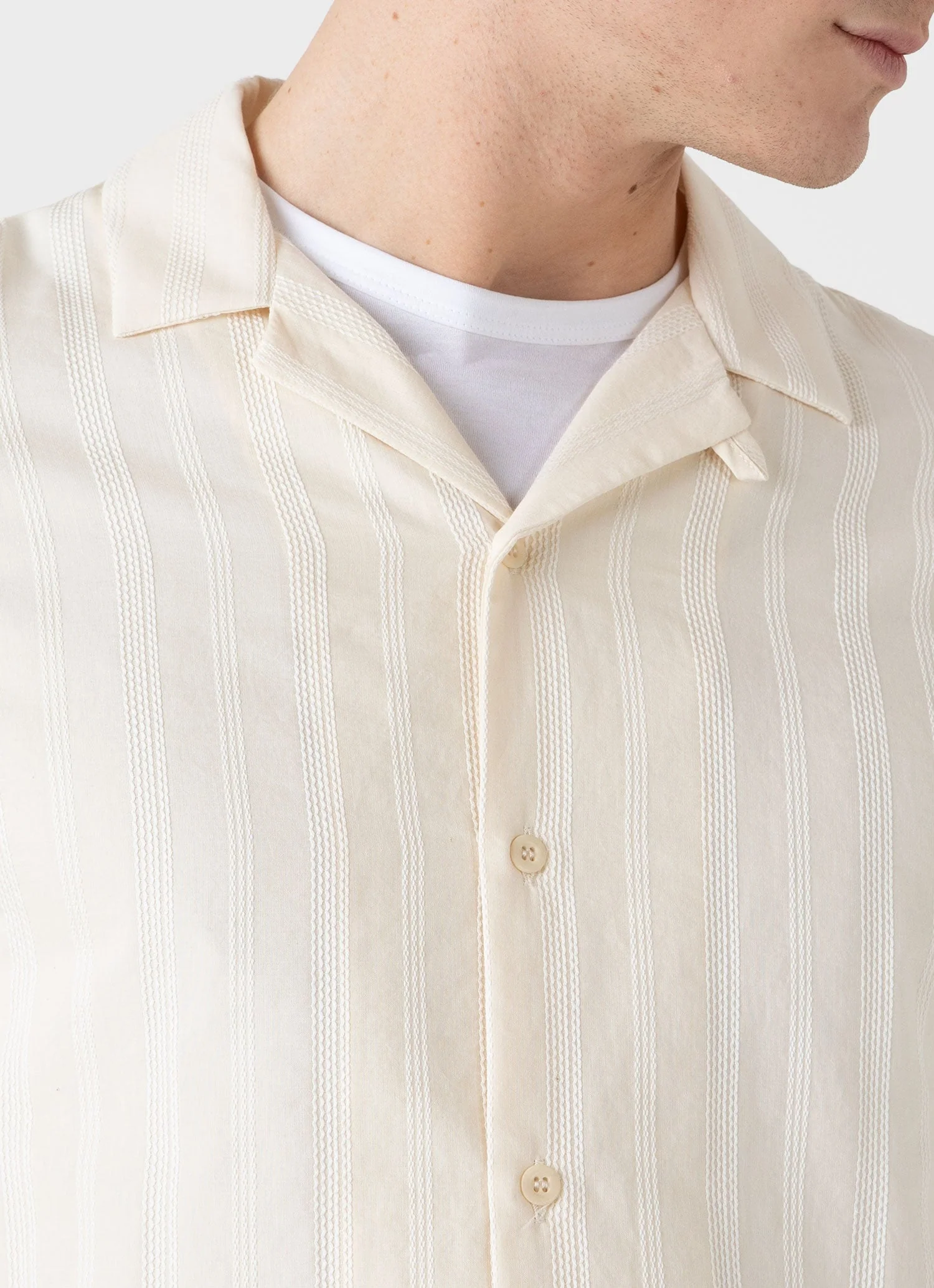 Men's Embroidered Stripe Long Sleeve Shirt in Ecru - Image 6