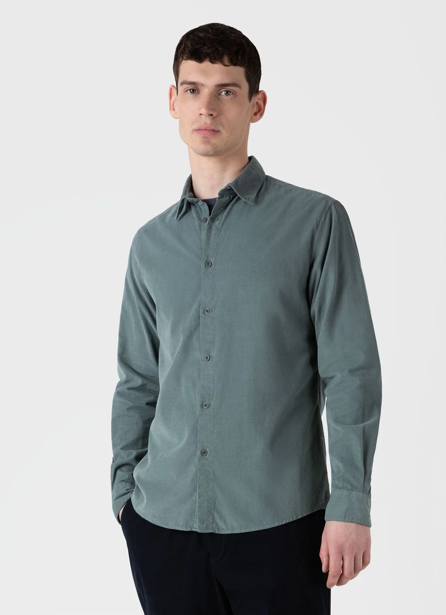 Men's Fine Cord Shirt in Smoke Green - Image 2