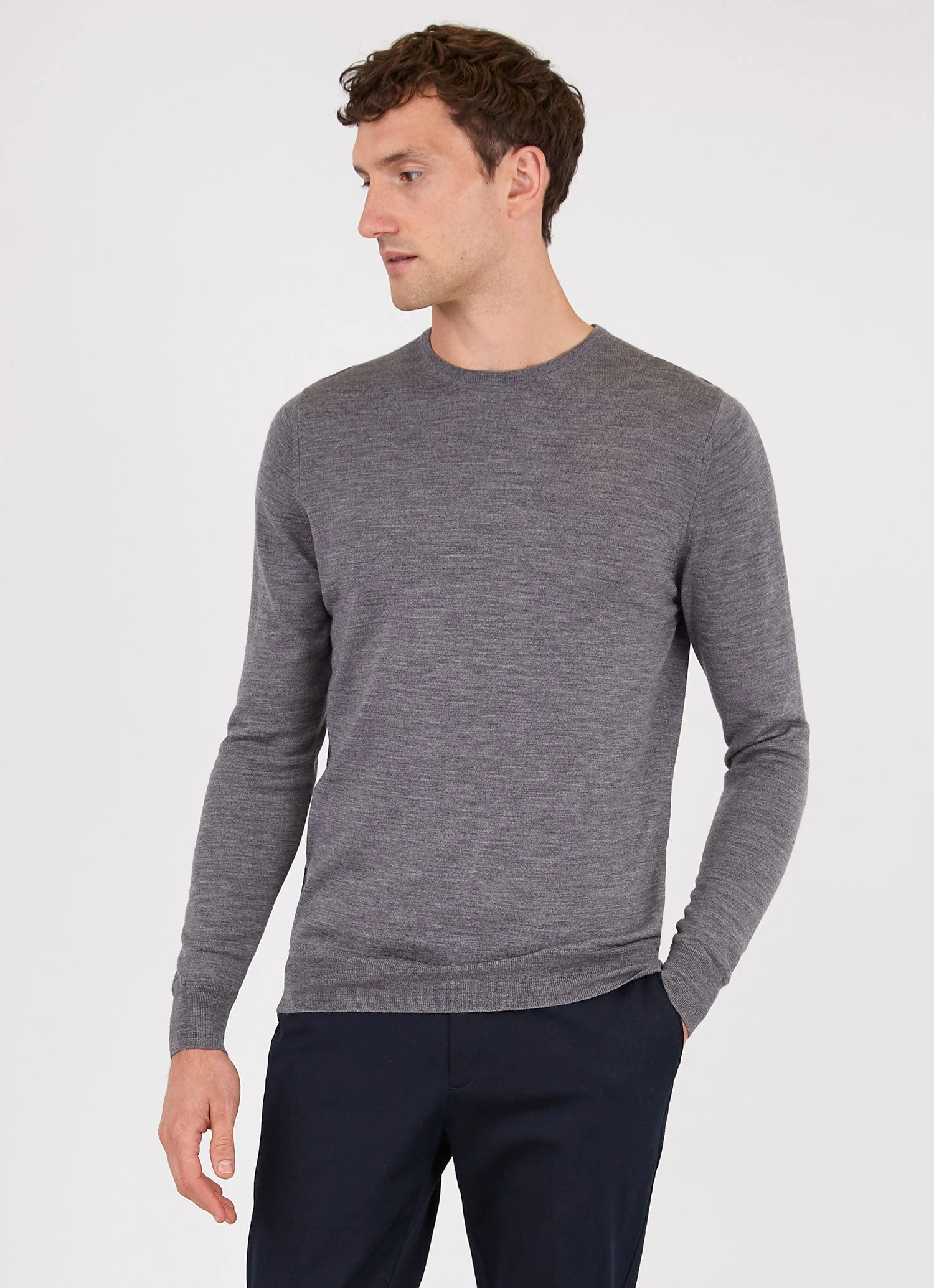 Men's Extra-Fine Merino Crew Neck in Grey Melange - Image 2