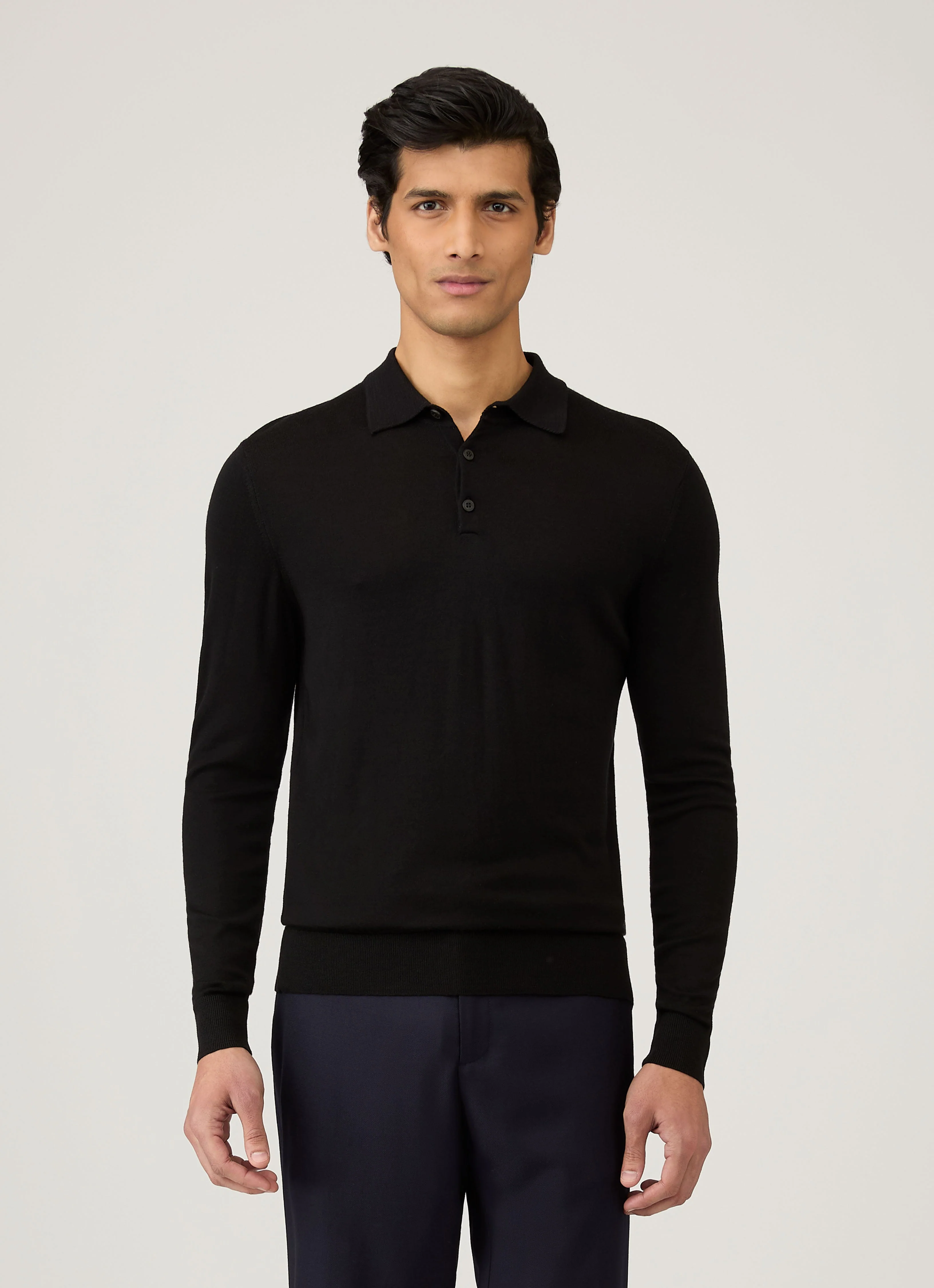 Men's Extra-Fine Merino Knitted Polo Shirt in Black - Image 2