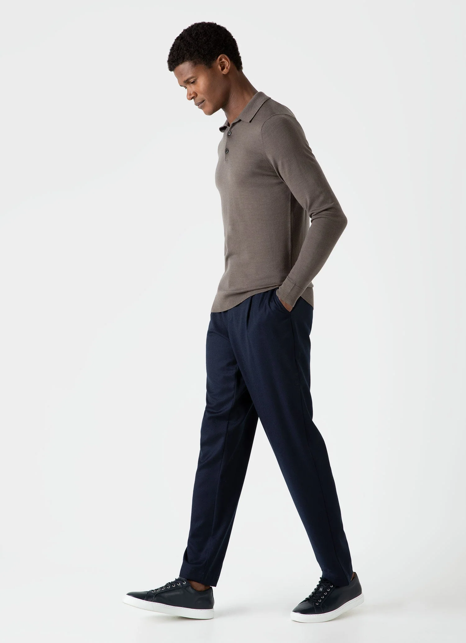 Men's Extra-Fine Merino Knitted Polo Shirt in Cedar - Image 3