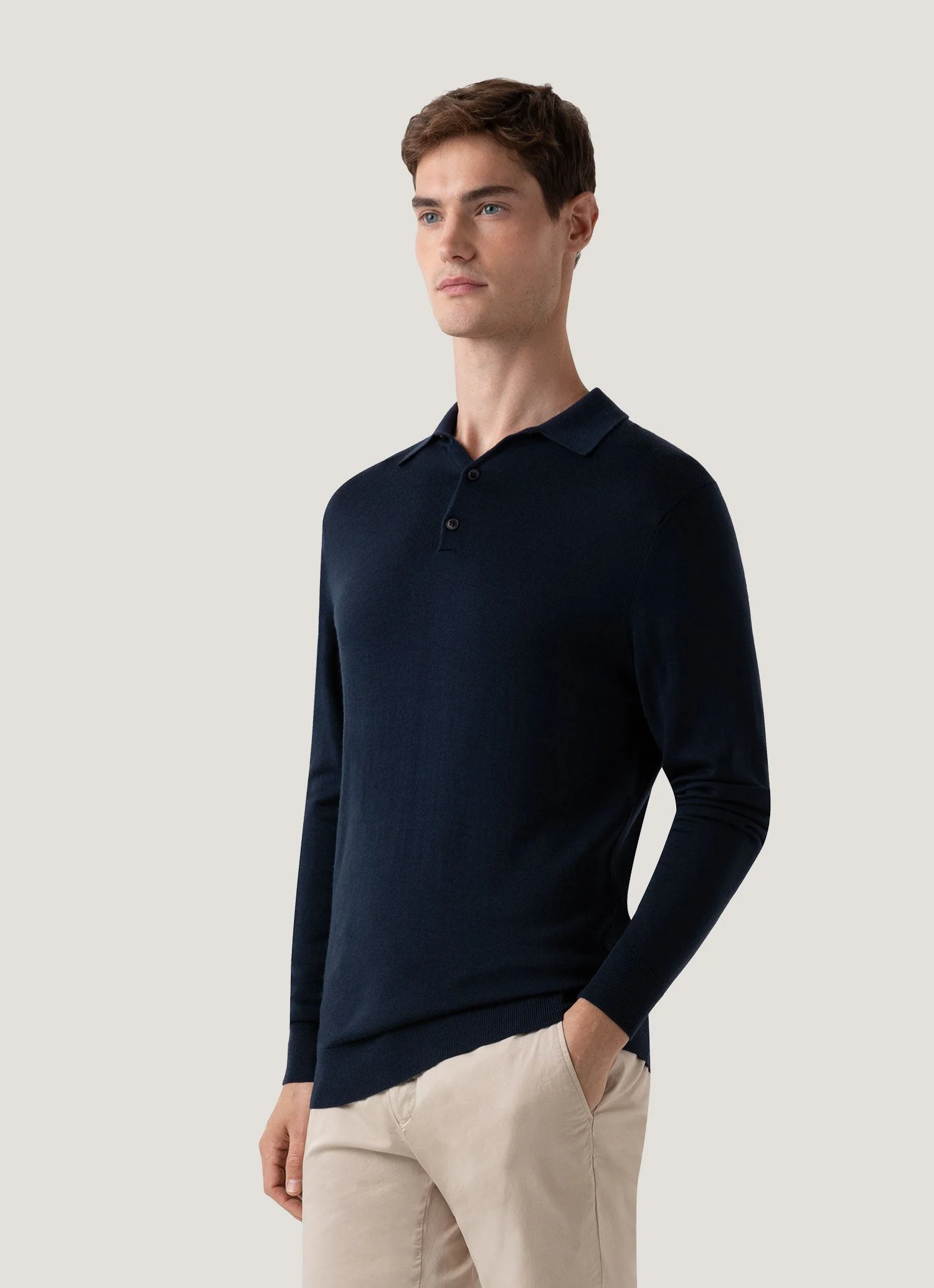 Men's Extra-Fine Merino Knitted Polo Shirt in Light Navy - Image 2