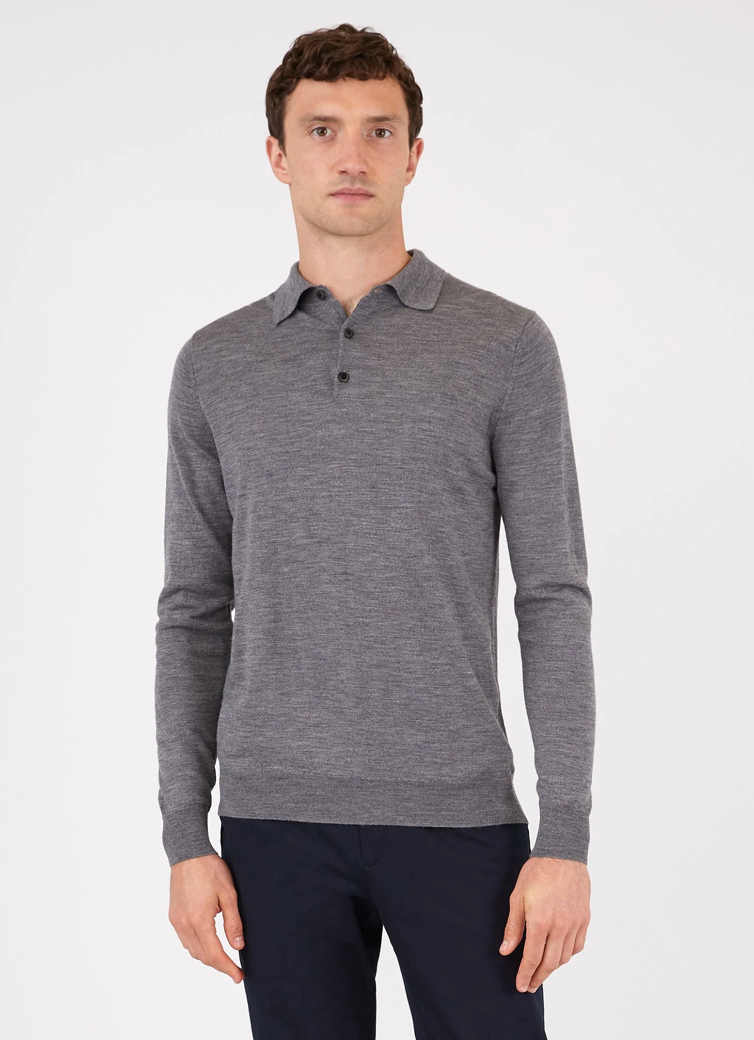 Men's Extra-Fine Merino Knitted Polo Shirt in Mid Grey Melange - Image 2
