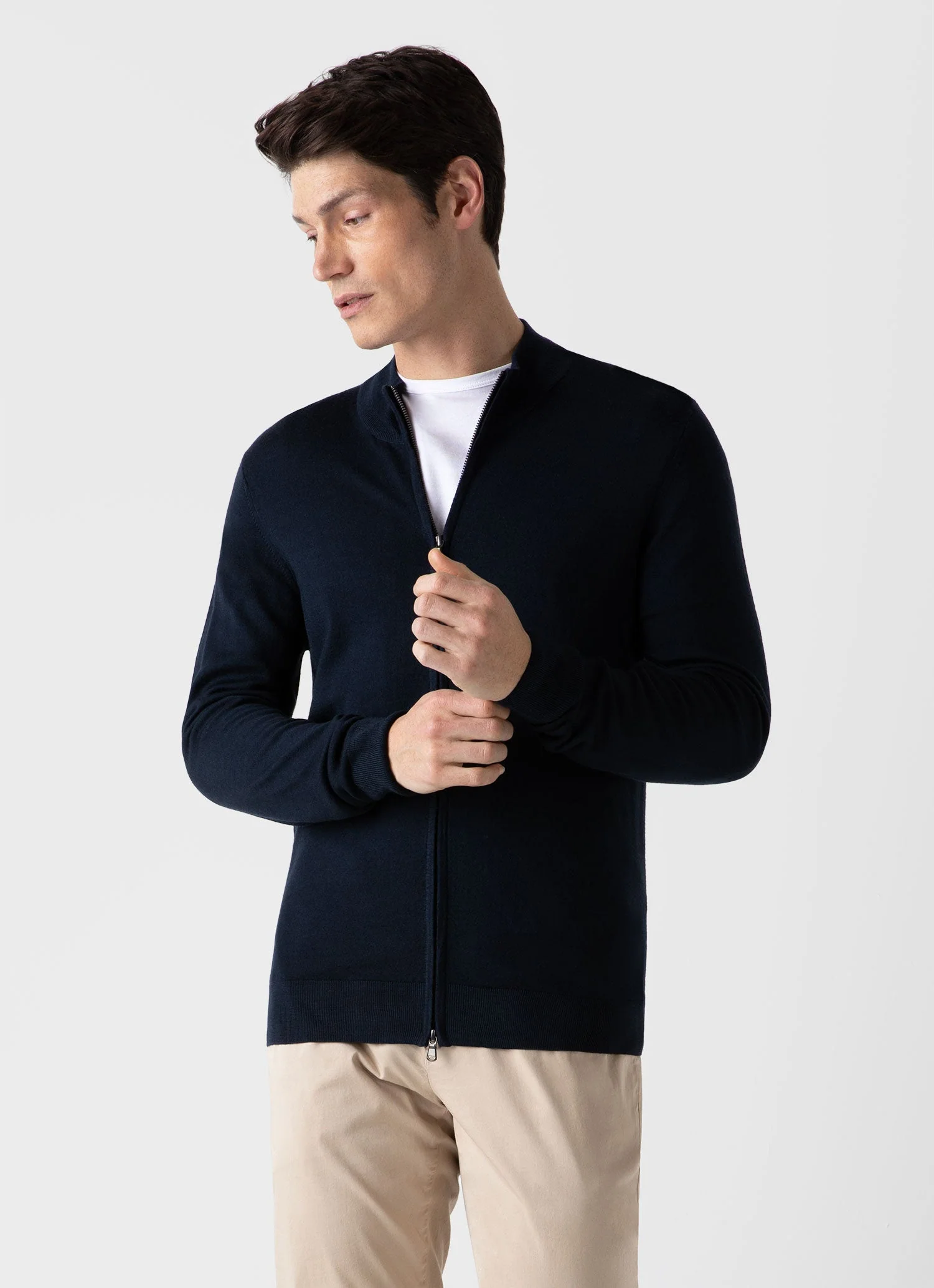Men's Extra-Fine Merino Zip Cardigan in Light Navy - Image 2