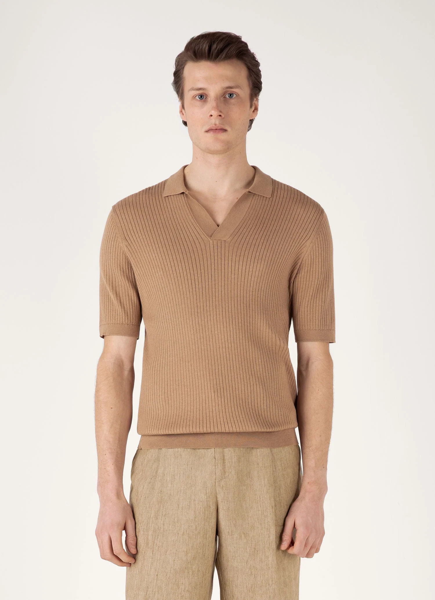 Men's Fine Rib Silk Cotton Polo in Dune - Image 2