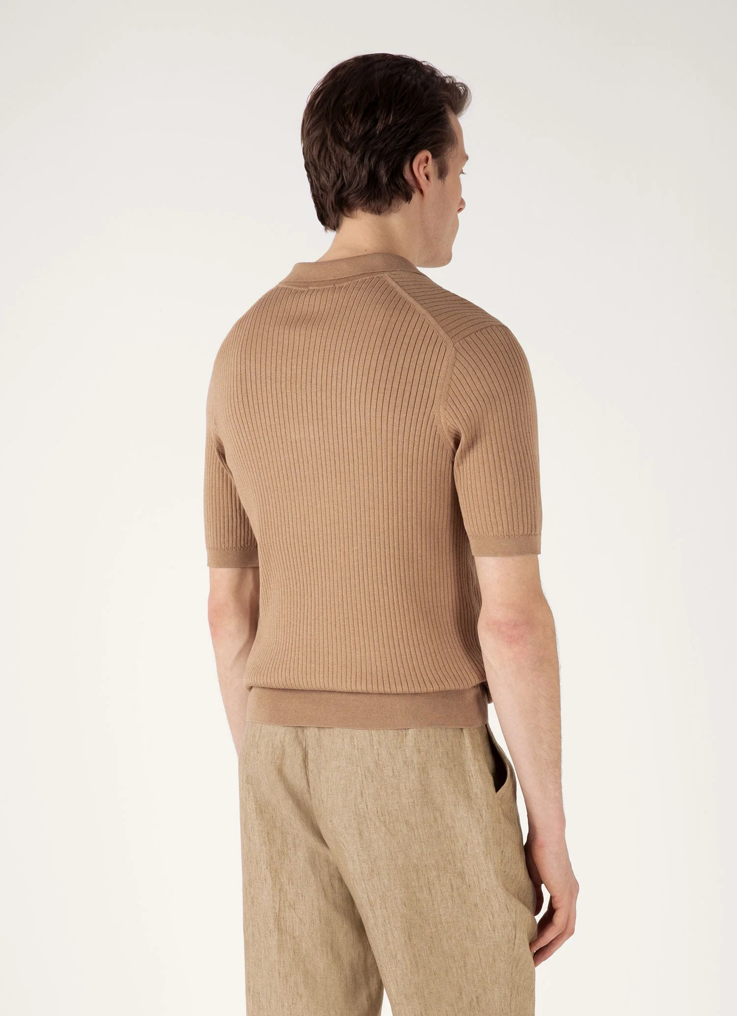 Men's Fine Rib Silk Cotton Polo in Dune - Image 5