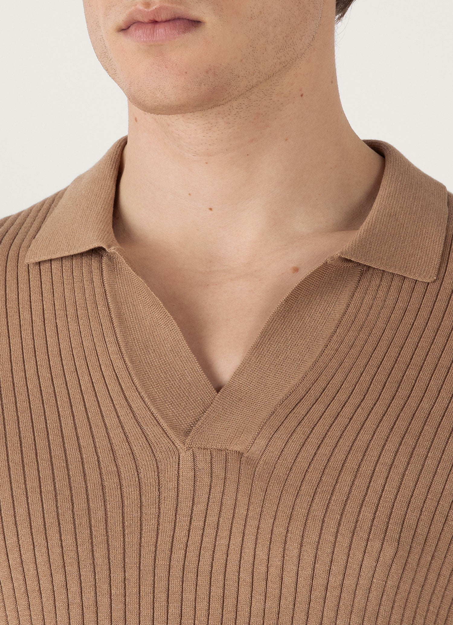 Men's Fine Rib Silk Cotton Polo in Dune - Image 6