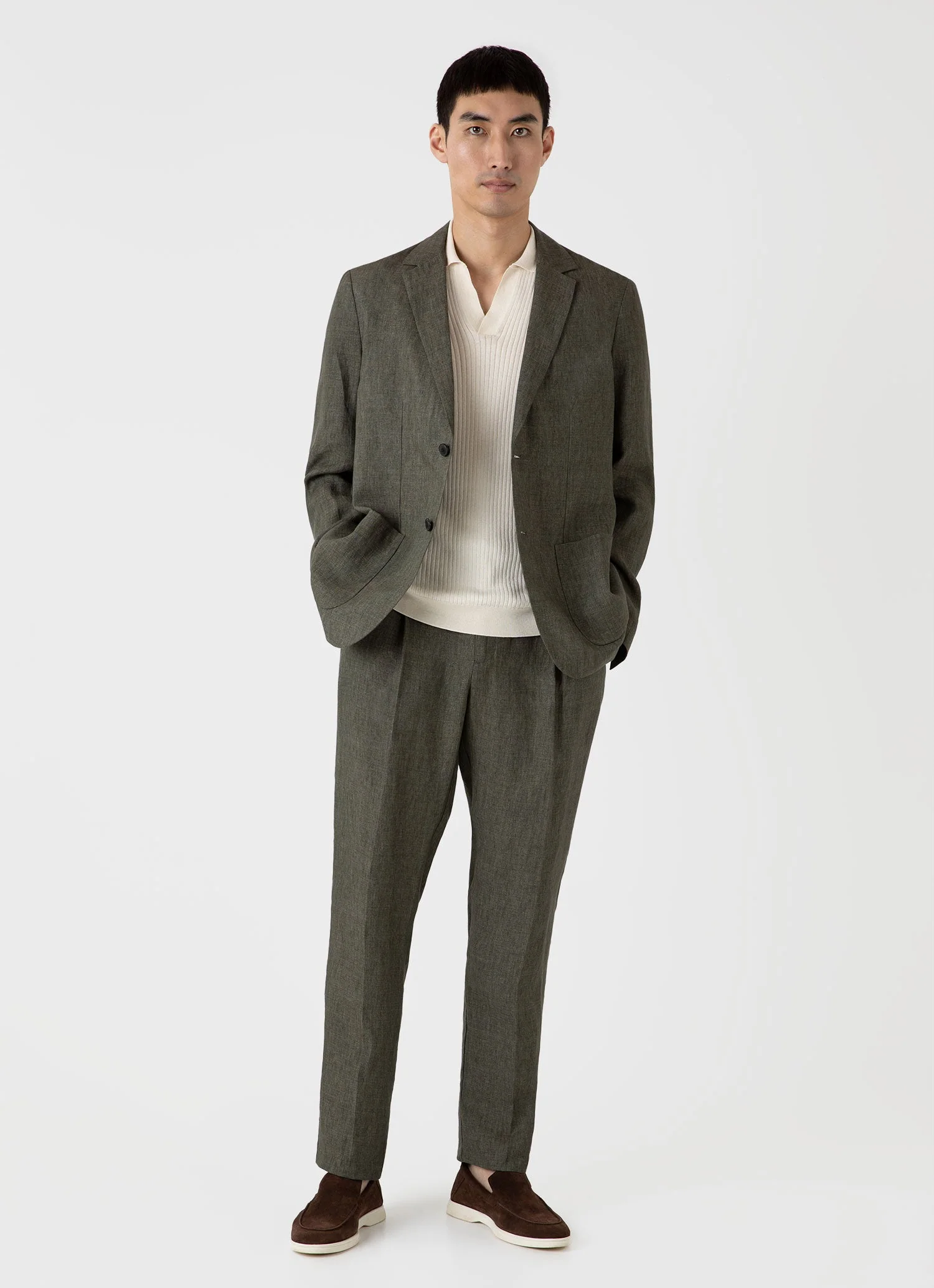 Men's Fine Rib Silk Cotton Polo in Ecru - Image 3