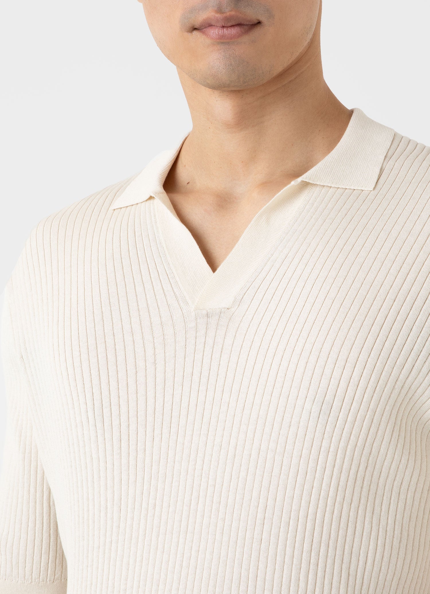 Men's Fine Rib Silk Cotton Polo in Ecru - Image 6