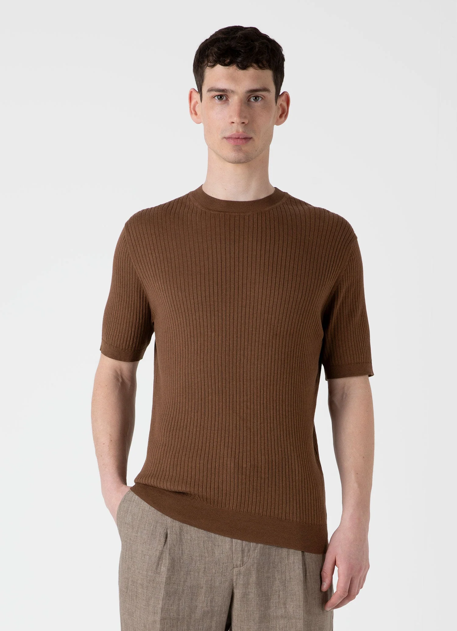 Men's Fine Rib Silk Cotton T-shirt in Dark Sand - Image 2