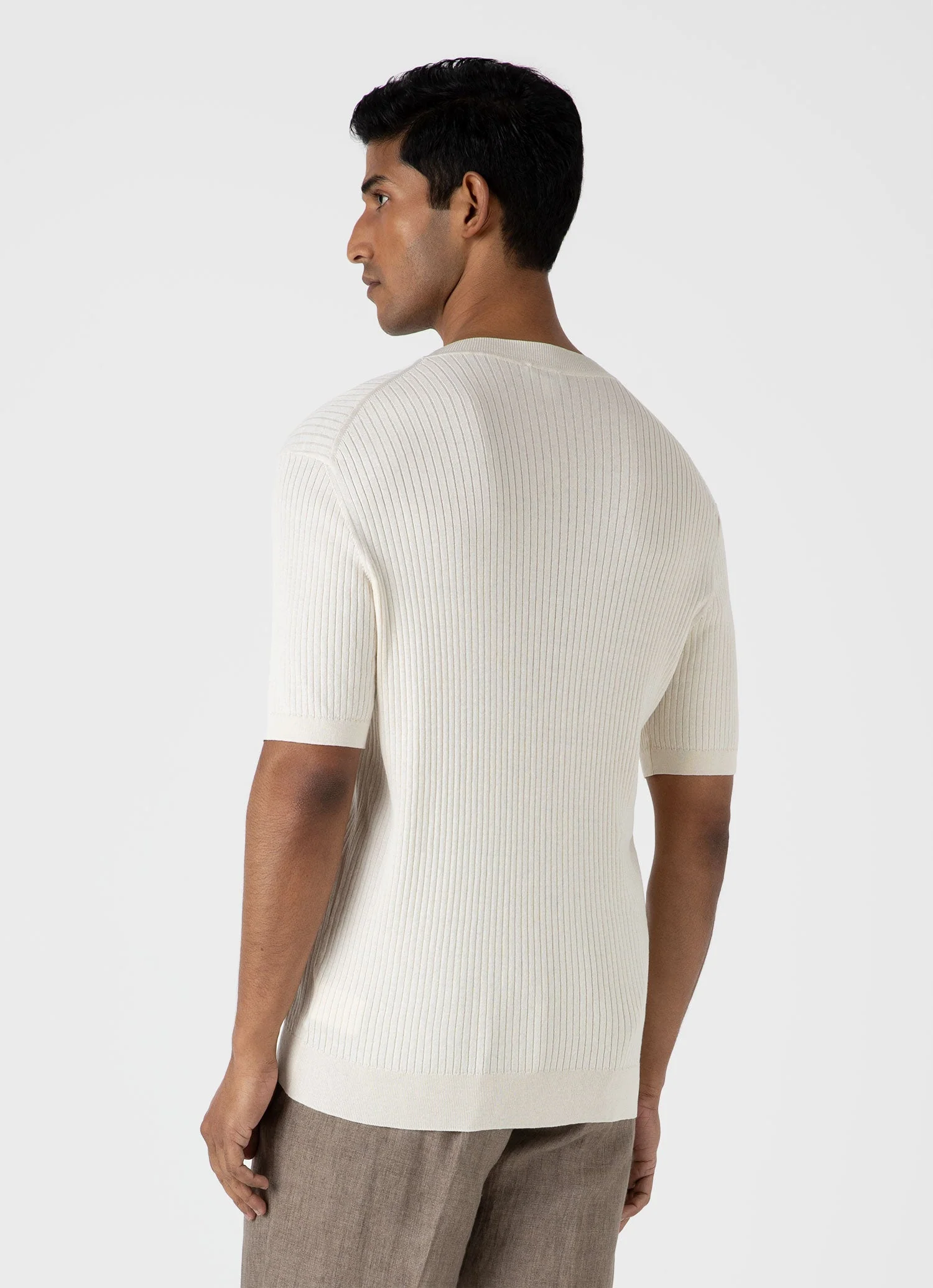 Men's Fine Rib Silk Cotton T-shirt in Ecru - Image 5
