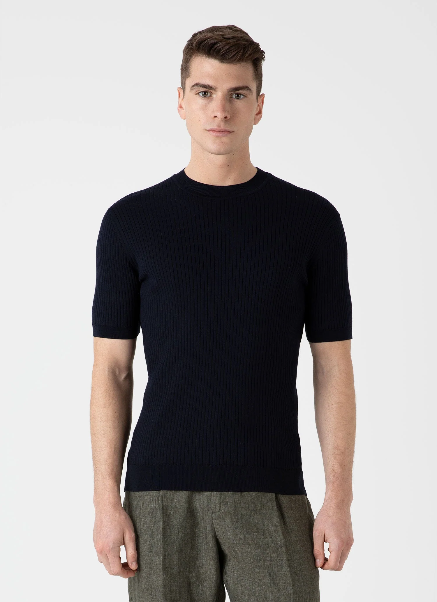 Men's Fine Rib Silk Cotton T-shirt in Navy - Image 2