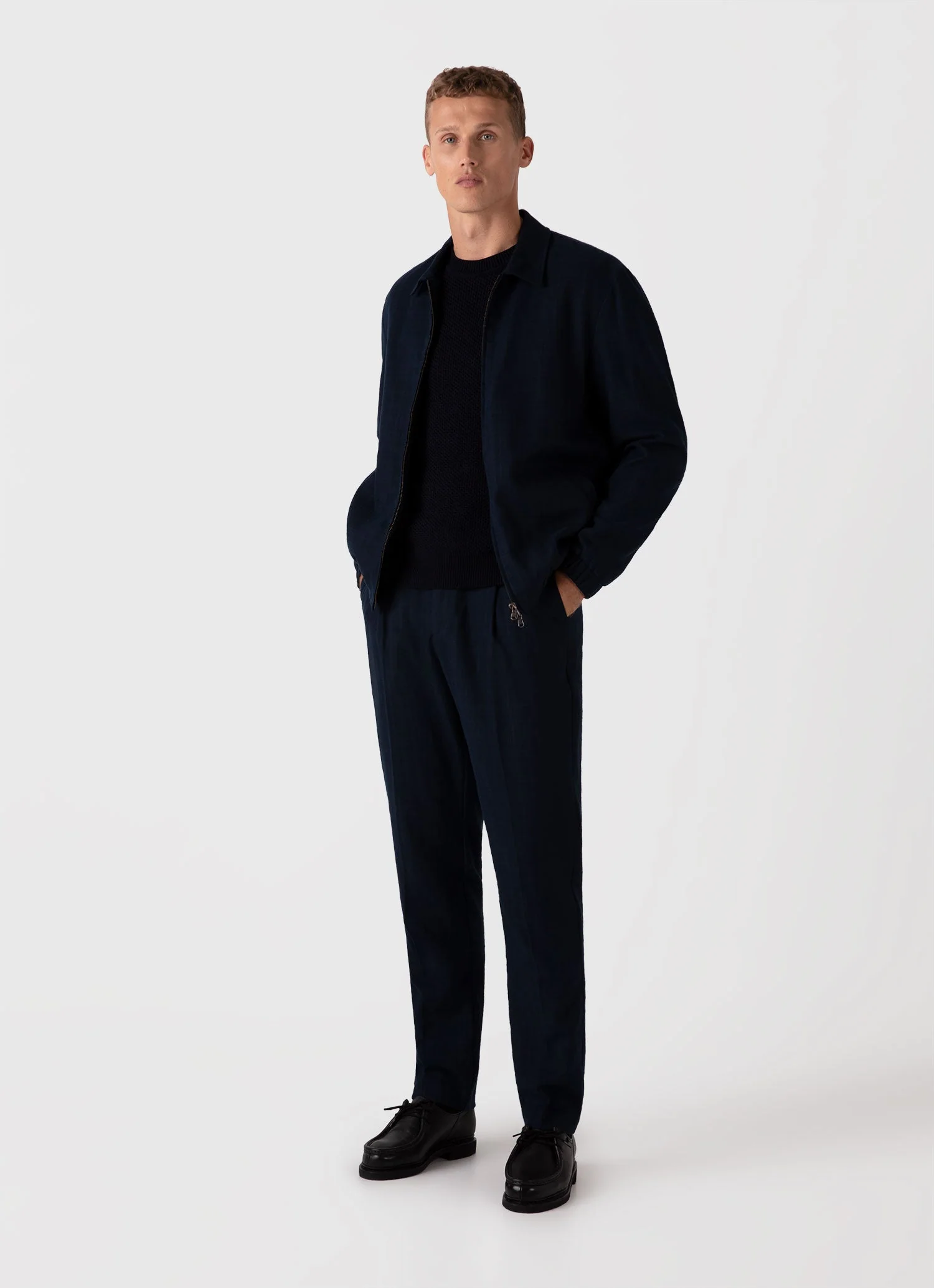 Men's Honeycomb Cotton Crew Neck Jumper in Navy - Image 3