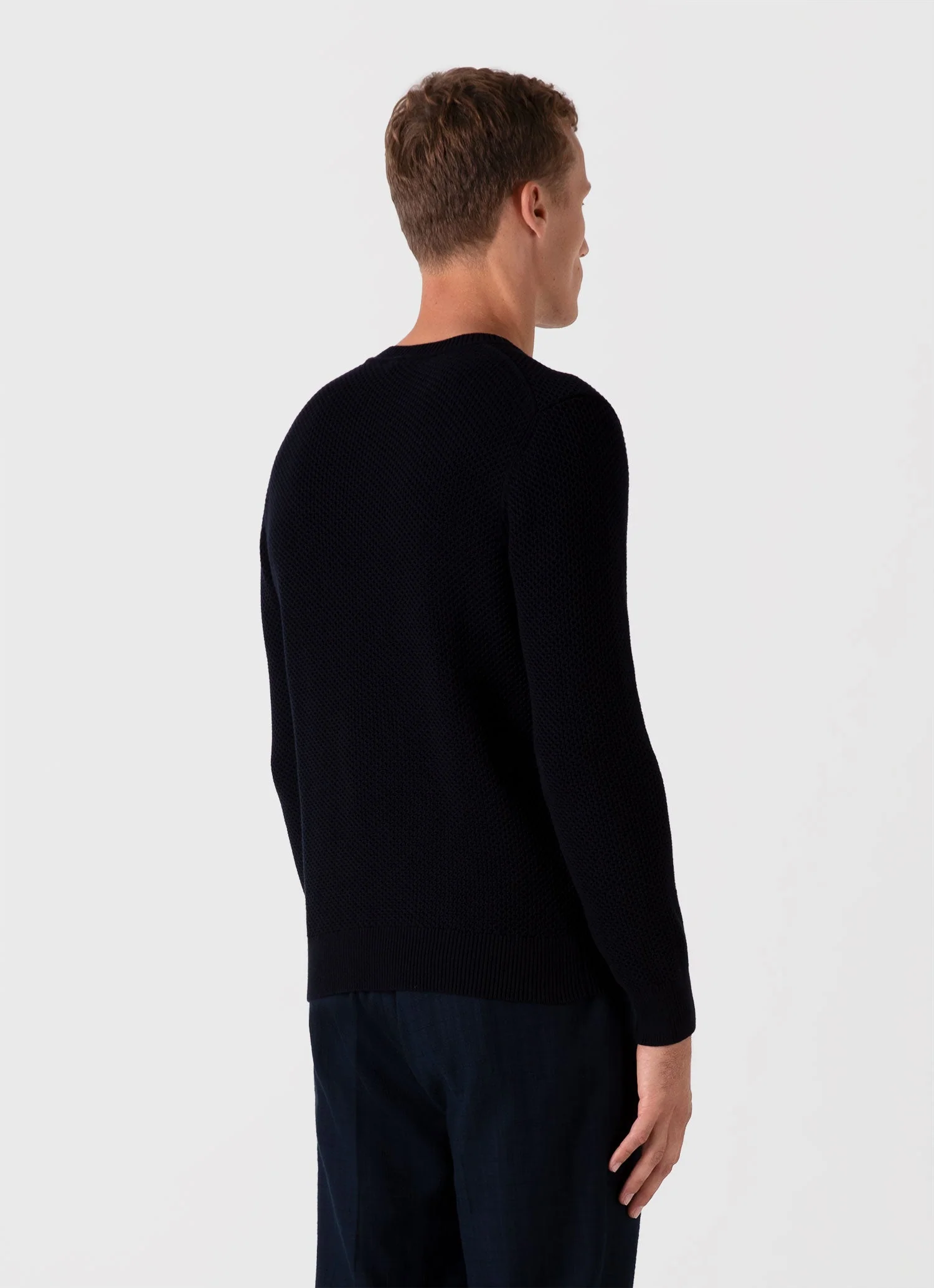 Men's Honeycomb Cotton Crew Neck Jumper in Navy - Image 5