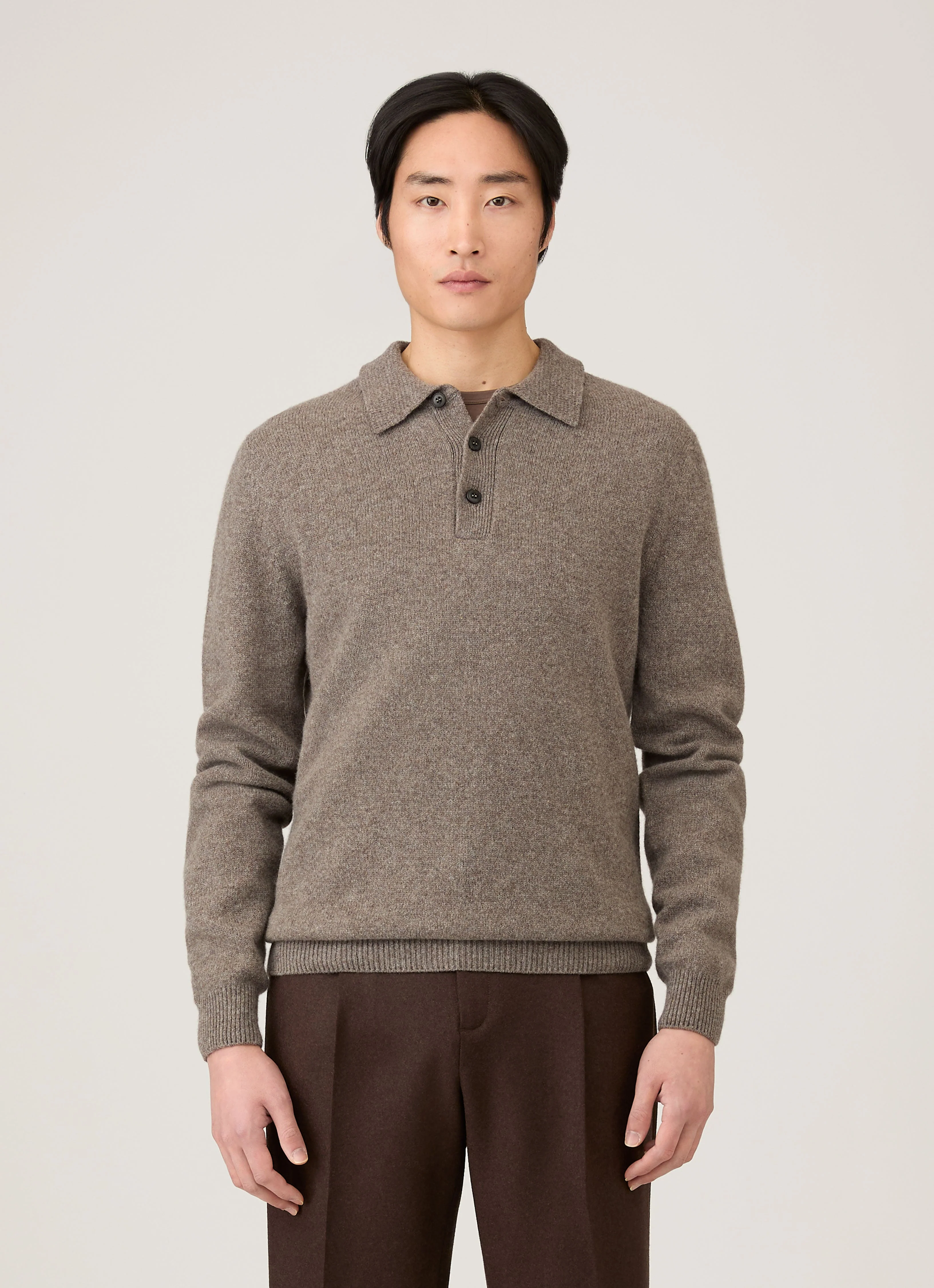 Men's Lambswool Knitted Polo Shirt in Bark - Image 2